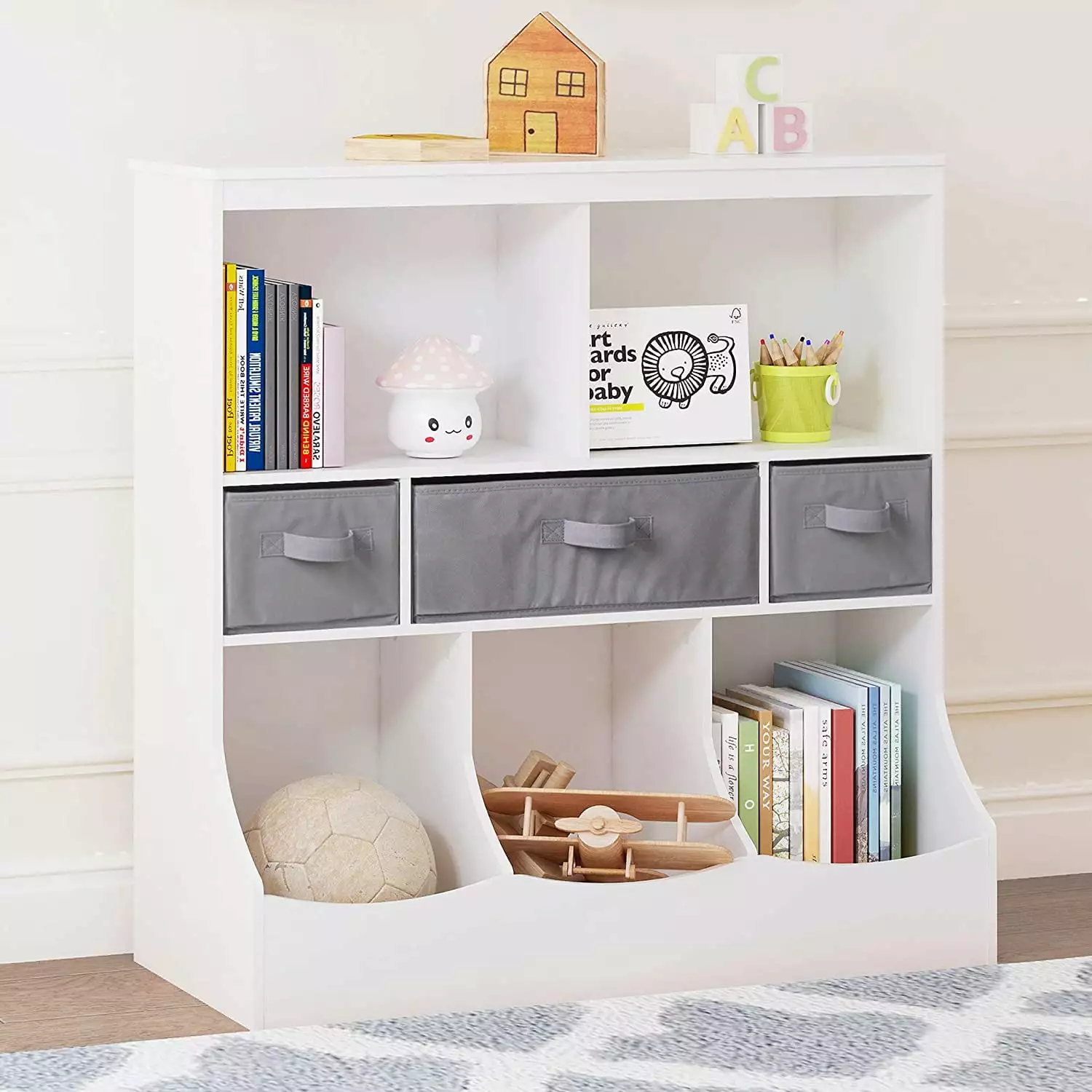 UTEX Toy Storage Arranger Bookcase 3 Opening Shelves Kids Bin Storage Unit White