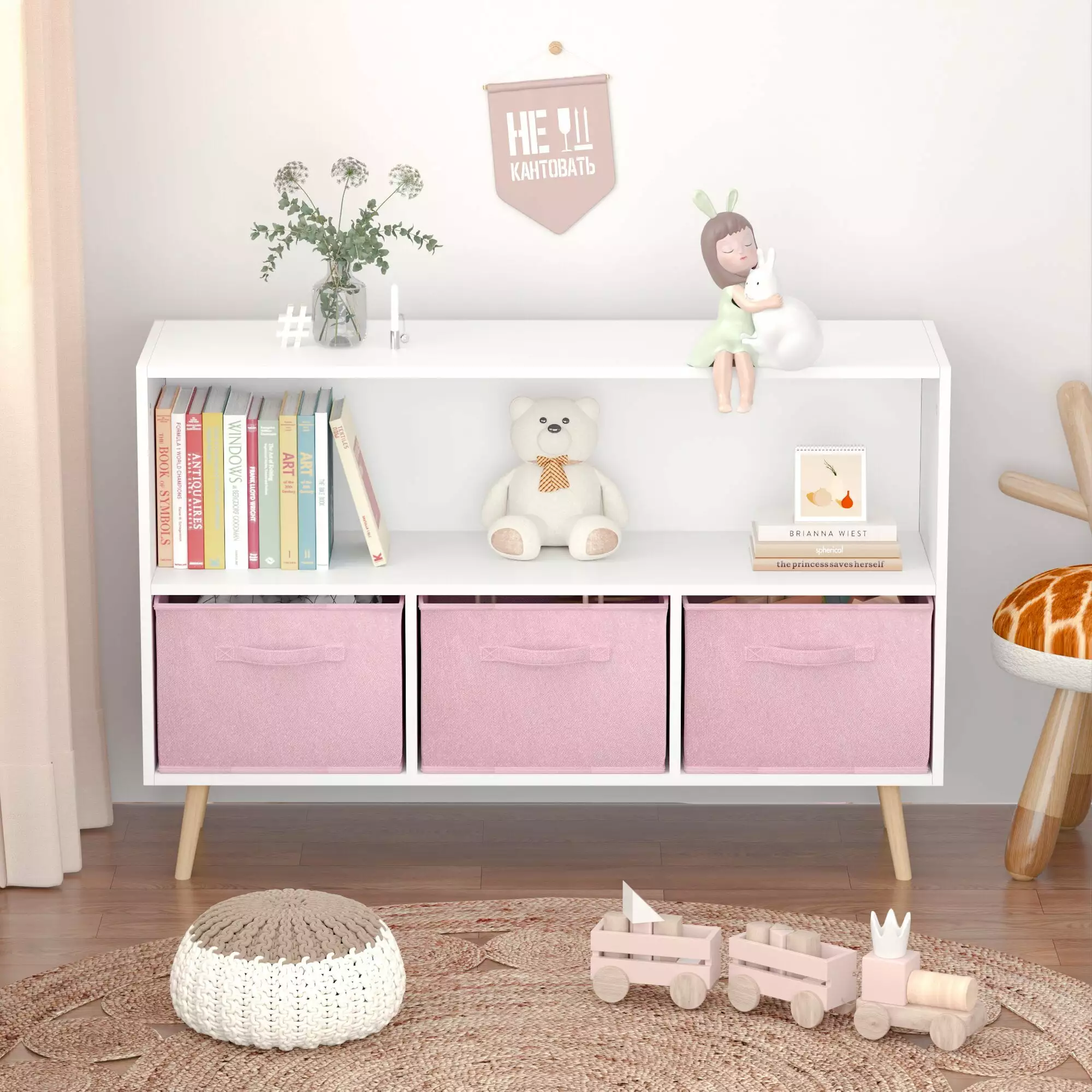 Yoneston Kids Bookcase 3 Collapsible Fabric Drawers Toy Storage Book Display Cabinet White Pink