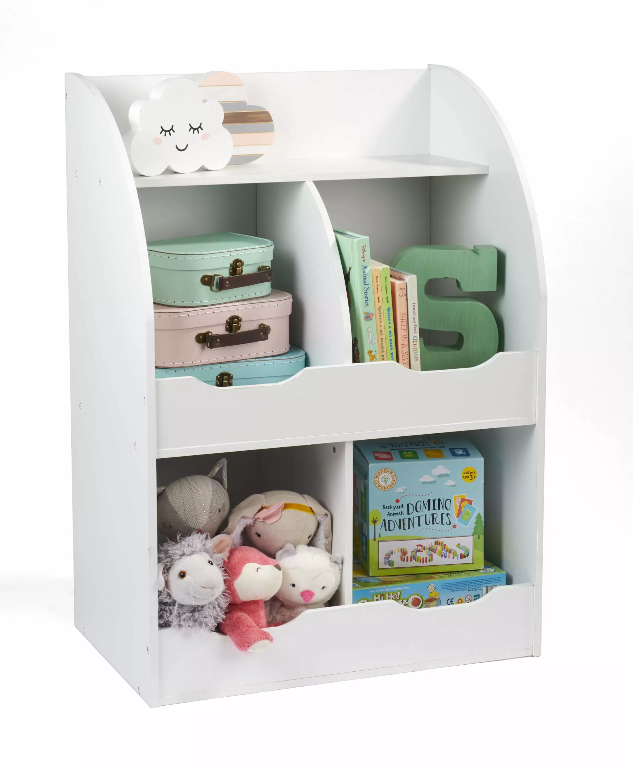 Badger Binquireet Kid's Four Bin Toy Storage Cubby Bookshelf, 5.3 Cu ft, White Badger Basket