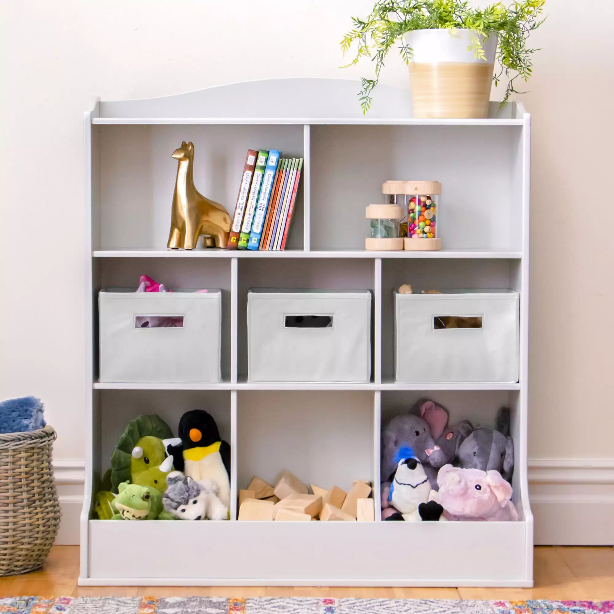 Guidecraft Kids' Toy Storage Arranger Gray Wooden Playroom Bookshelf Storage Bins