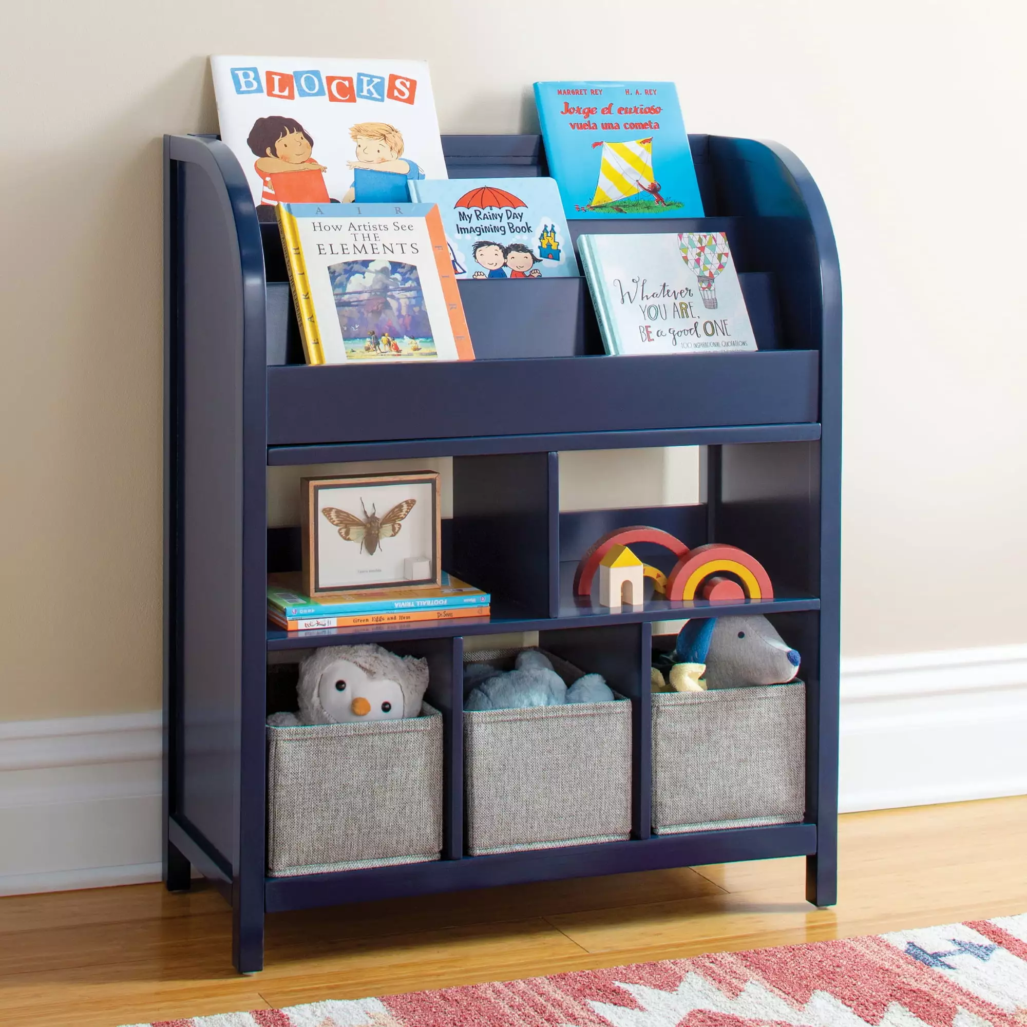 Martha Stewart Kids' Jr. Book and Bin Browser - Navy Children's Wooden Bookshelf Toy Storage Bins Guidecraft