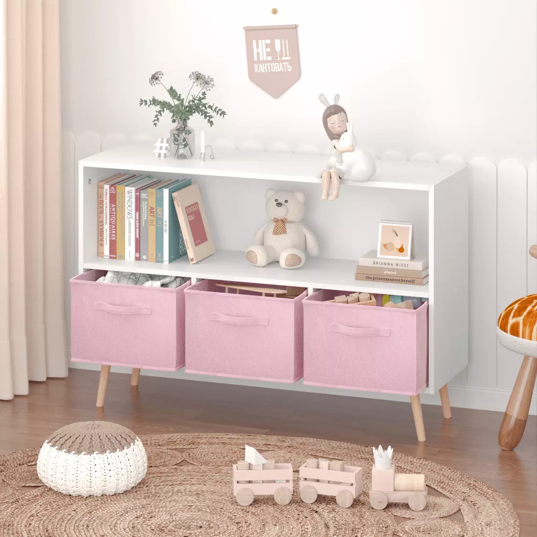 Gzxs Toy Storage Organizer Bookcase, Kids Bookshelf Collapsible Fabric Drawers, White and Pink