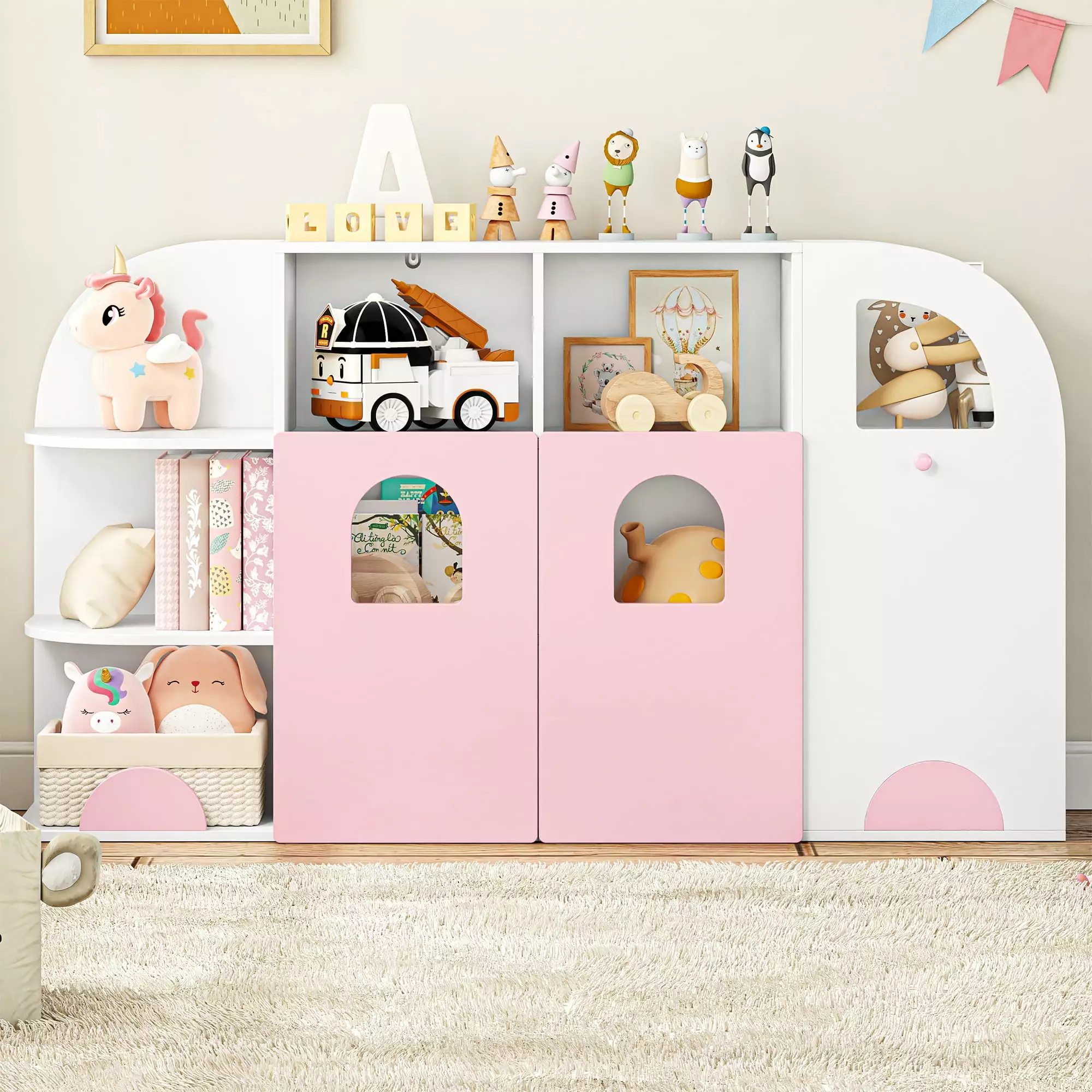 Homfa Multifunctional Kids Bookcase 6 Shelves and Toy Storage Cube White and Pink