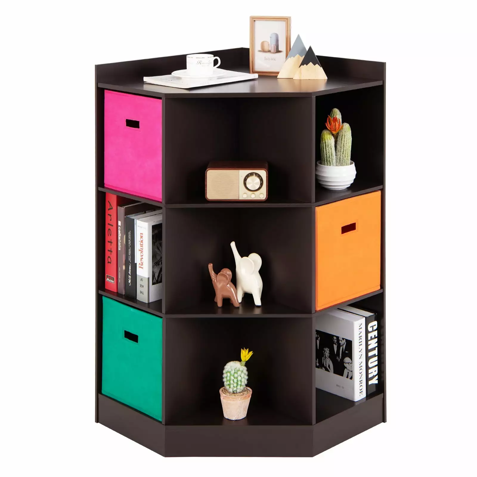 Infans 3-Tier Kids Bookcase Wooden Corner Cabinet Toy Storage Organizer 3 Bins