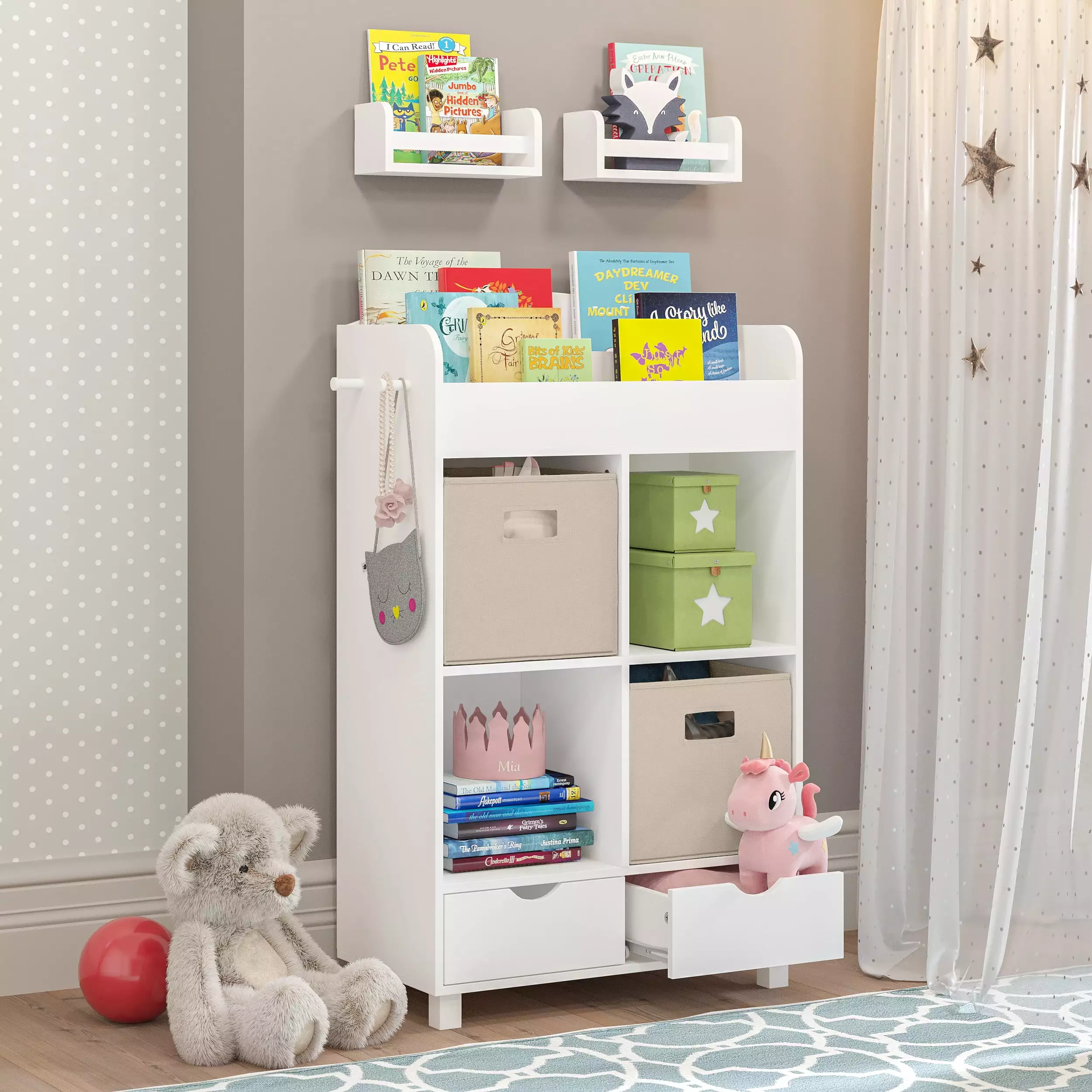 RiverRidge Kids Book Nook Cubby Toy and Art Storage Cabinet Bookshelf Drawers and Hooks White Floating Bookshelves