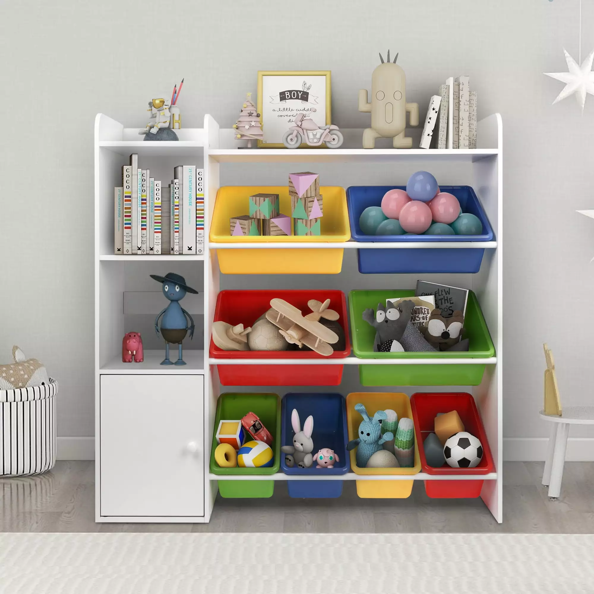 Tolead 4-Tier Kids Toy Organizer 8 Removable Bins - White - Bookshelf and Storage Bedroom or Nursery