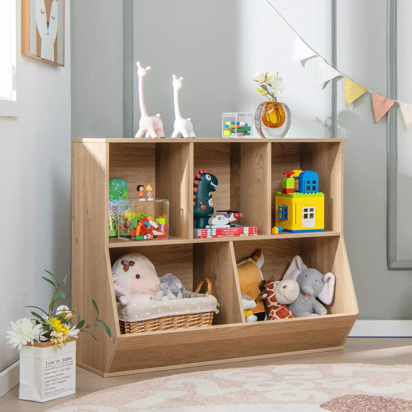 Vicamelia Wood Toys Arranger Kids 5-Cubby Children Bookshelf Toy Box Storage
