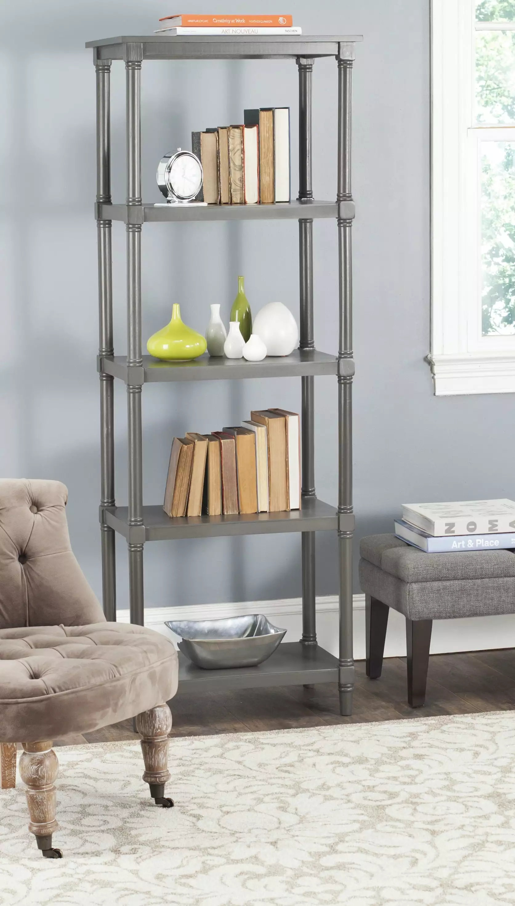 SAFAVIEH Odessa Nautical Solid Traditional 5 Tier Bookcase Grey Stylish Storage Shelf Living Room Office