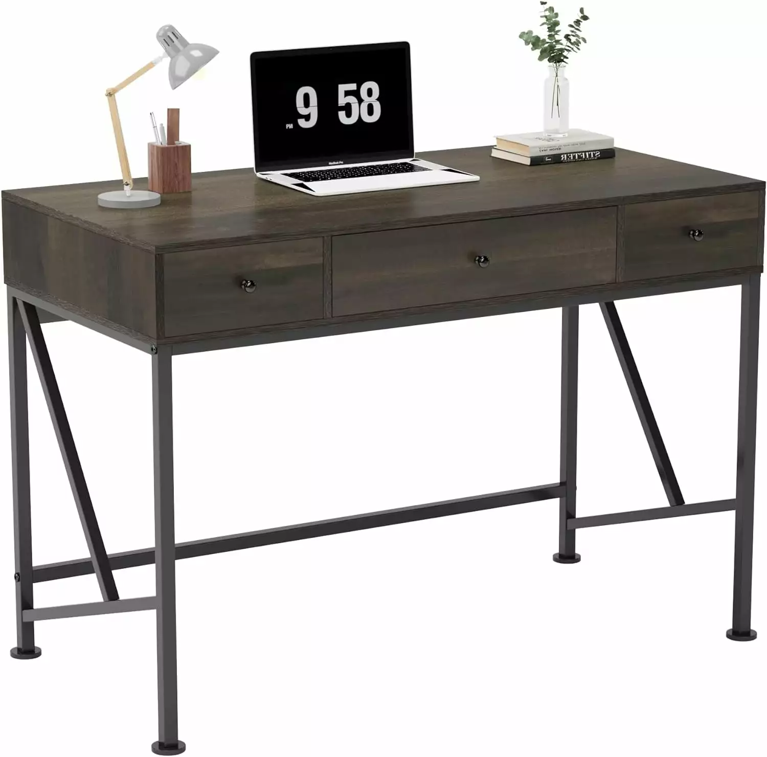 40.7 Inch Rustic Computer Desk 3 Drawers Modern Simple Style Study PC Table Home Office Workstation Dark Brown shinyswan