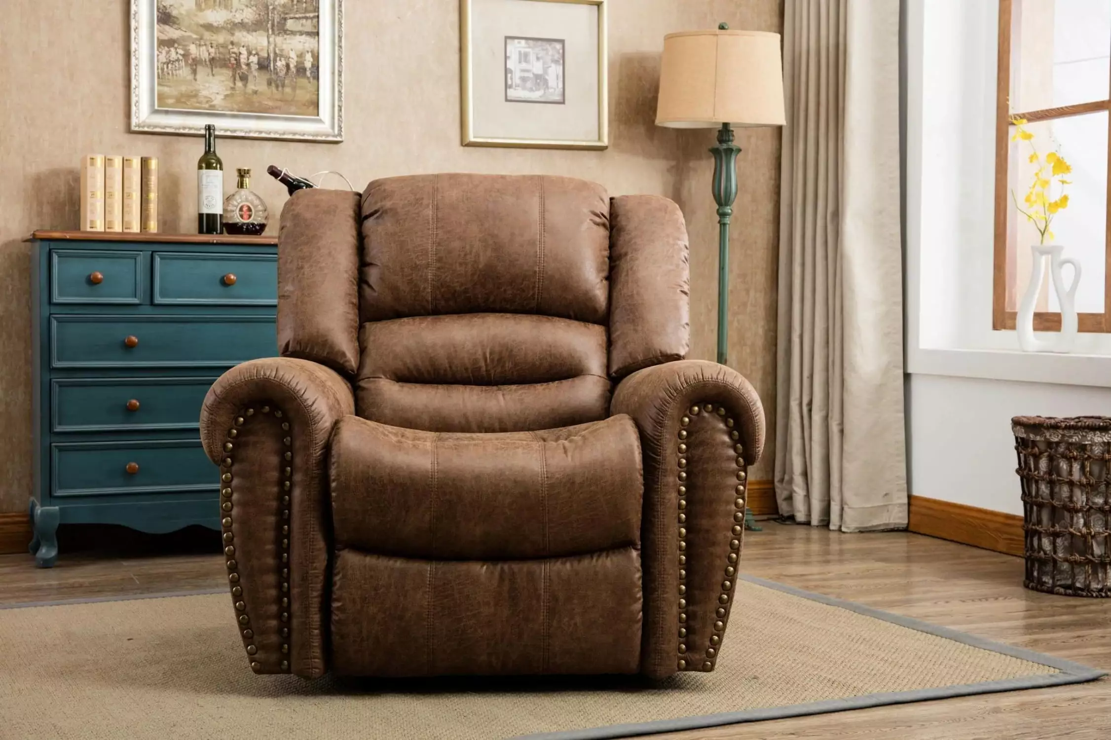 Classic Traditional Recliner Chair Luxurious Brass Rivets Timeless Comfort