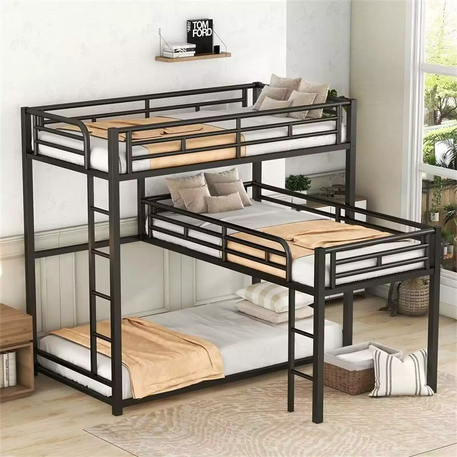 L-Shaped Triple Bunk Bed 3 Long and Short Ladders Black ARCTICSCORPION
