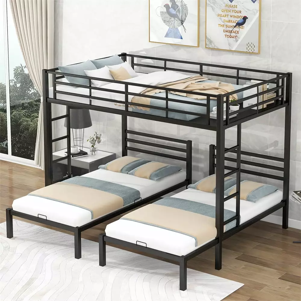 Metal Triple Bunk Bed Full Over Twin & Twin - 3 Separate Beds Guardrails ARCTICSCORPION