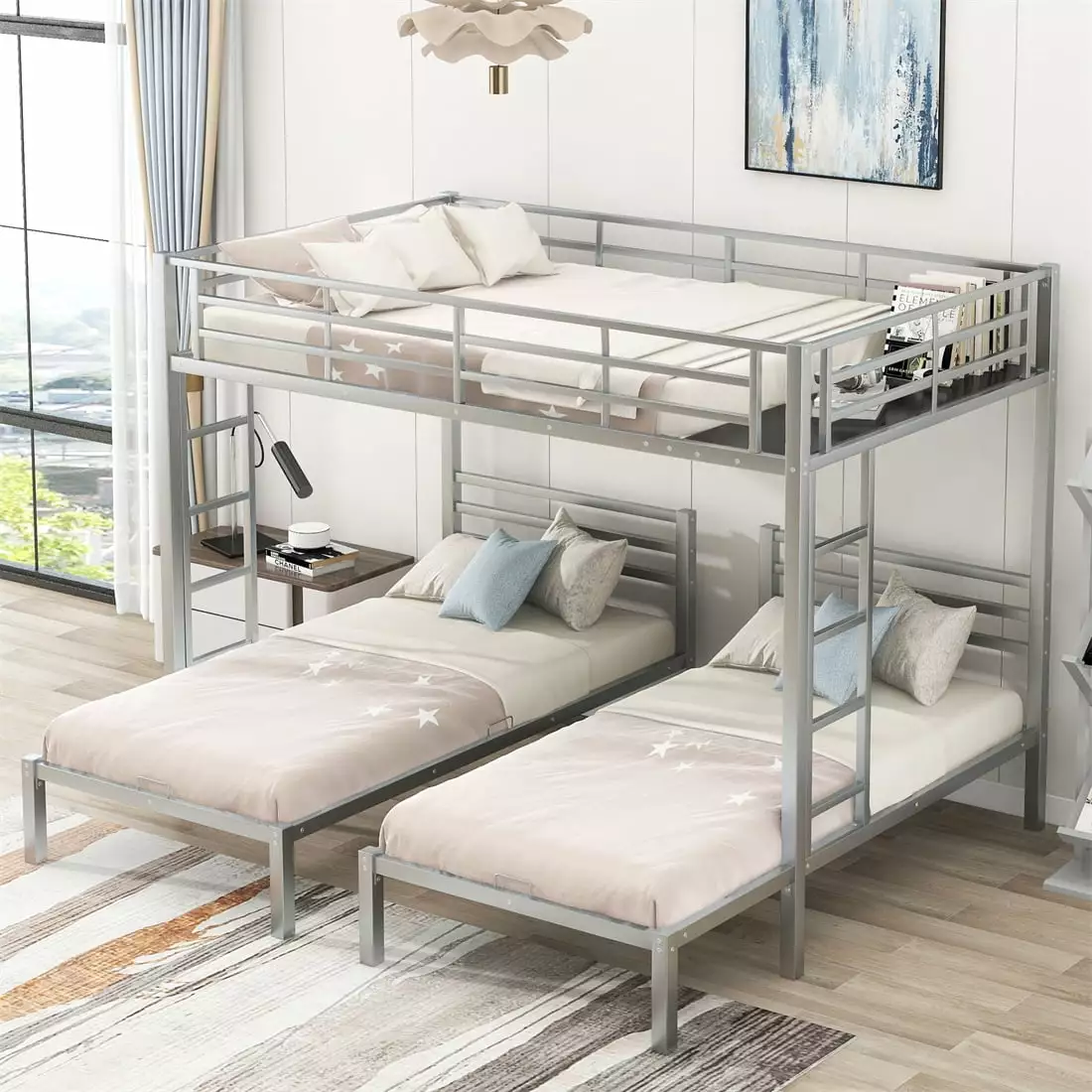 Metal Triple Bunk Beds - Full over Twin & Twin Size Bunk Bed Frame Built- Storage Shelf and 2 Ladders Kids Boys Girls Teen...