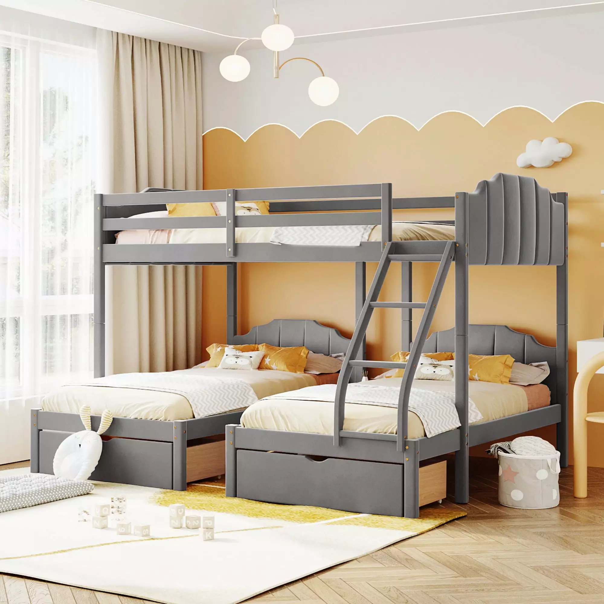 Triple Bunk Bed 3 Full Over Twin and Twin Bunk Bed Frame Storage Drawers Velvet Triple Bed Guardrails and Ladder Gray ARCT...