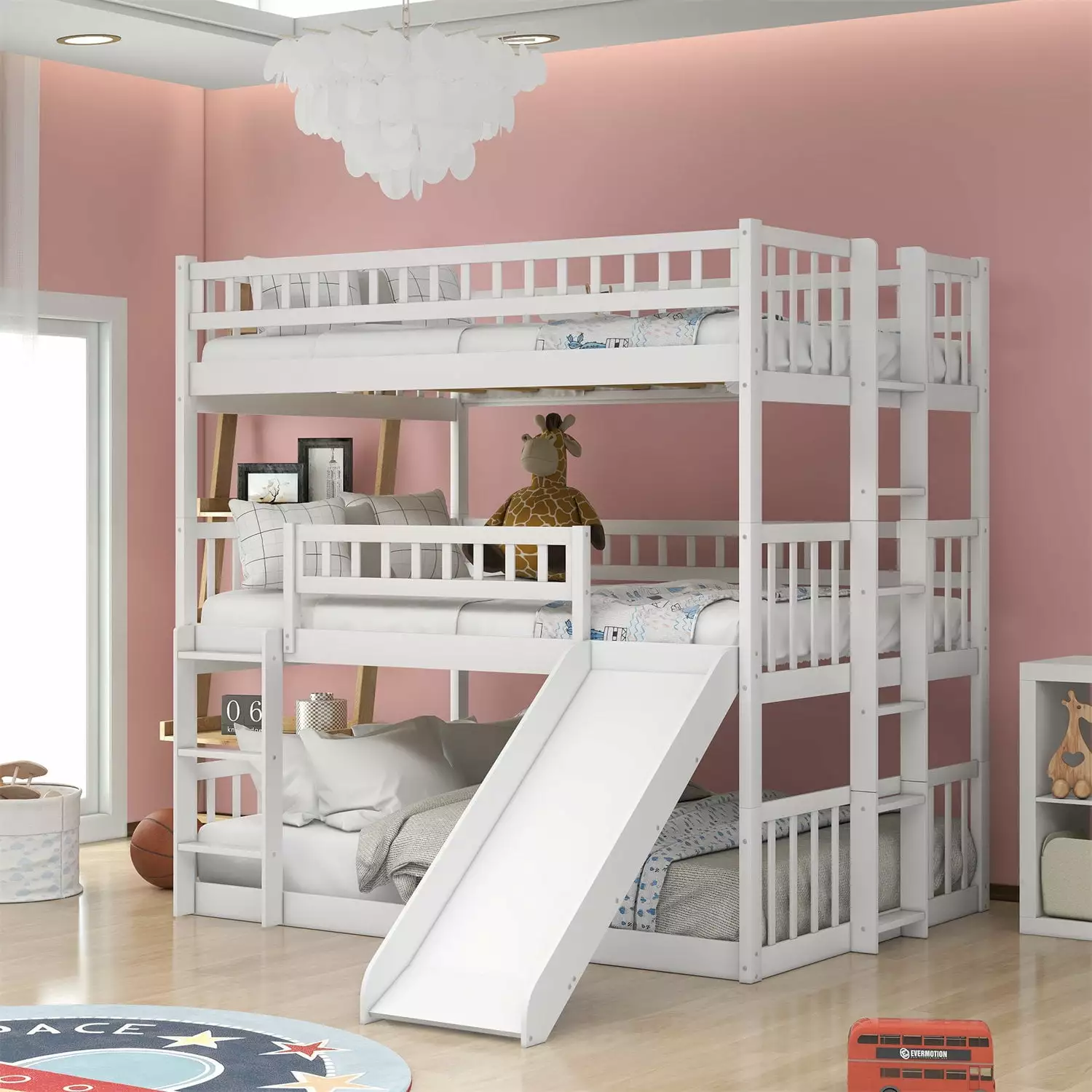 Triple Bunk Beds Slide Full Over Full Over Full Solid Wood Bunk Bed Frame Floor Triple Bunk Bed Side Ladder Guardrails Boy...