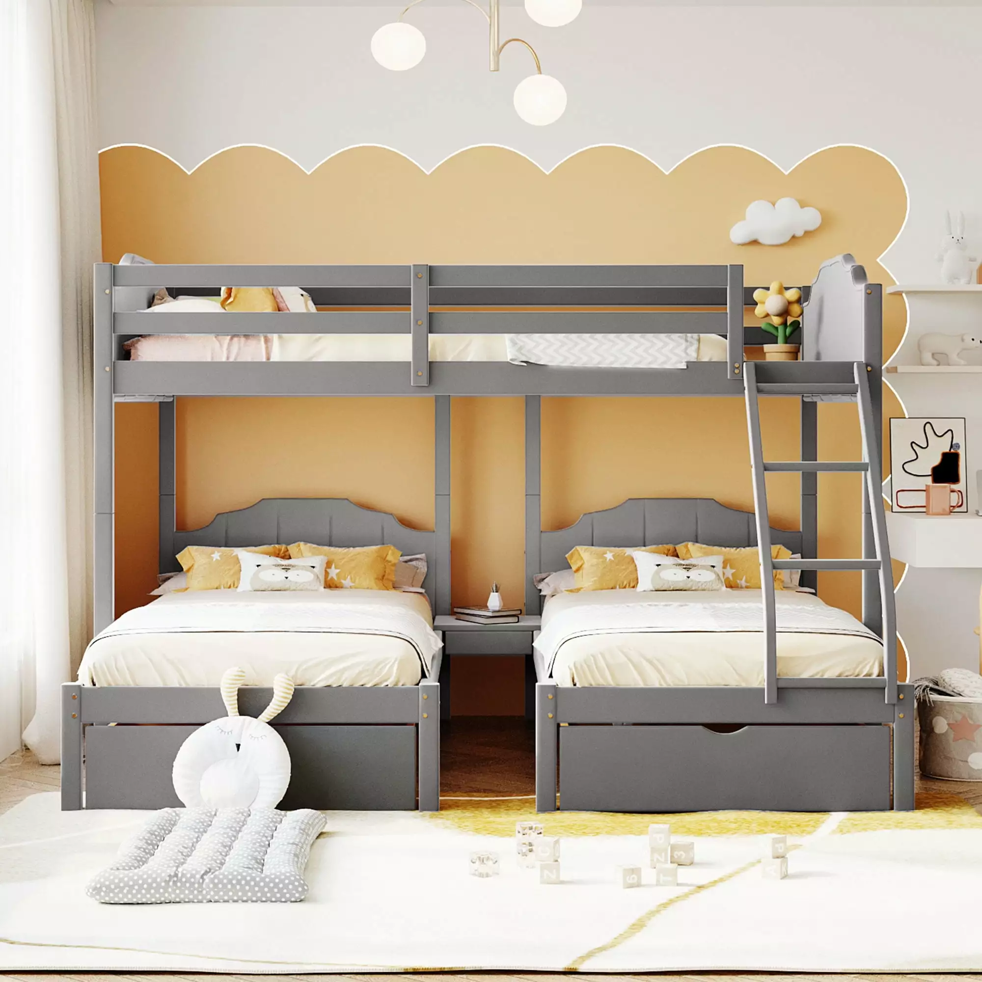 Velvet Upholstery Triple Bunk Bed Drawers Full Over Twin & Twin Bunk Bed Kids Boys Girls ARCTICSCORPION