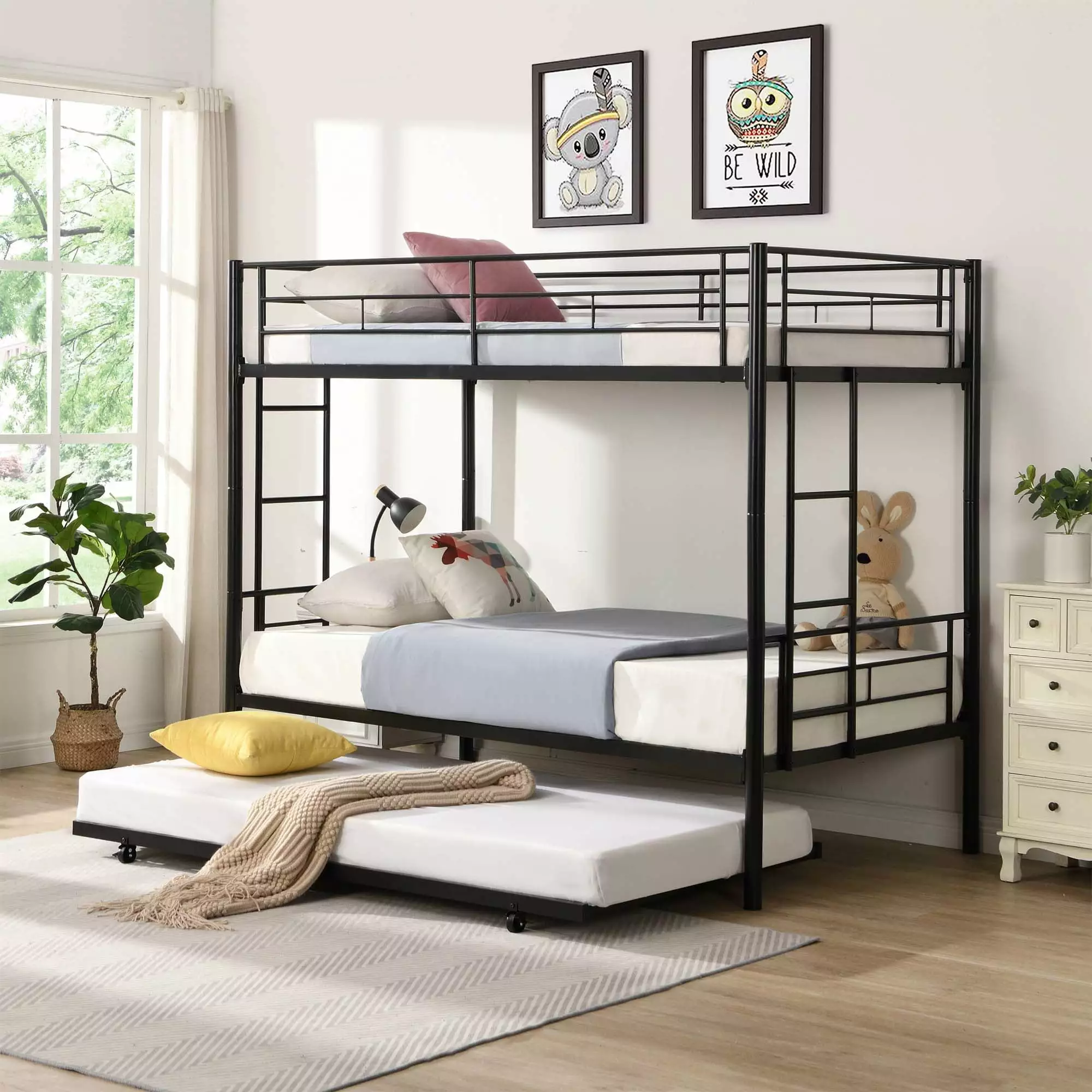 Aukfa Twin over Twin Bunk Bed Trundle Metal Triple Bunk Beds 2 Ladders Kids Teens Dorm Black