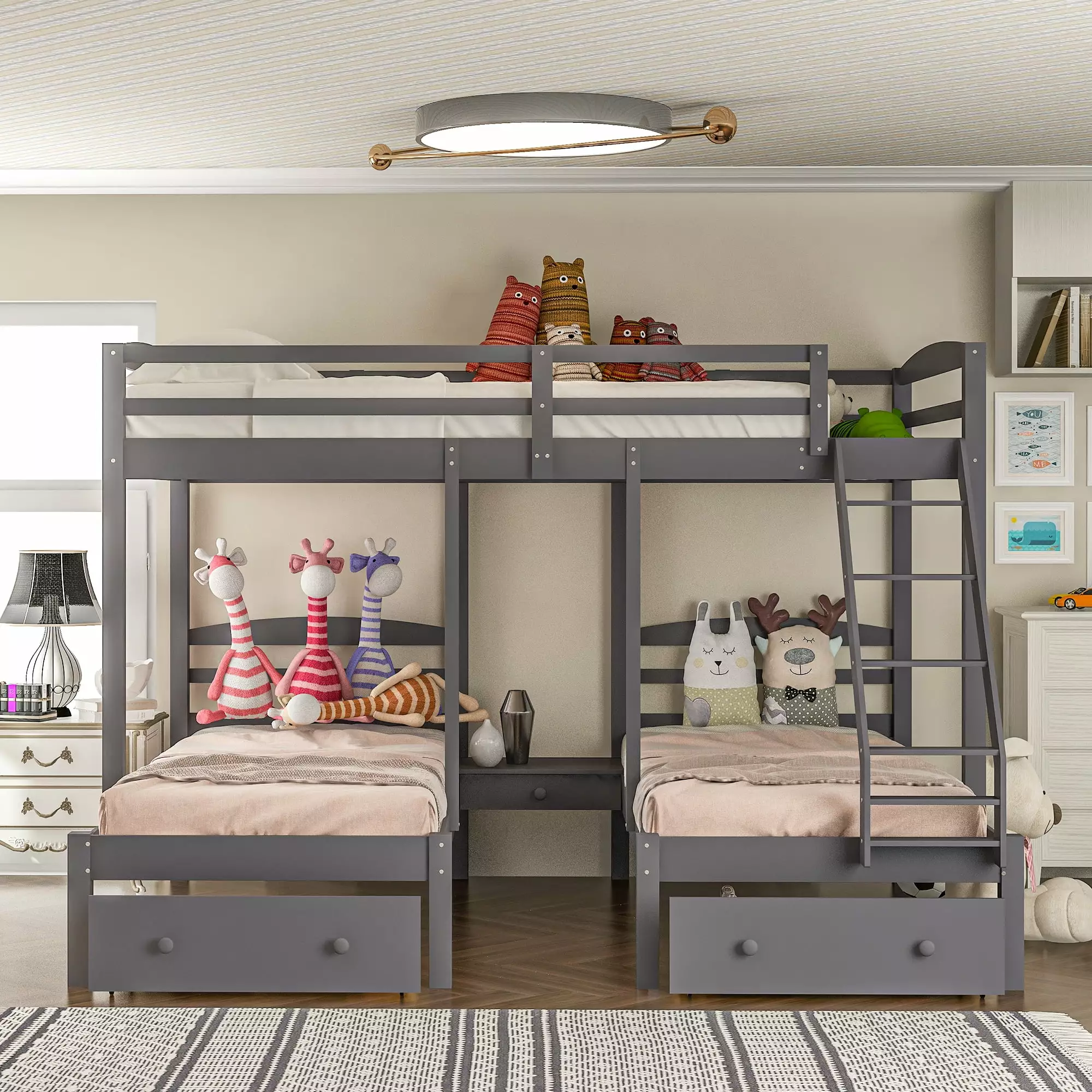 Bellemave Full over Twin over Twin Bunk Bed 3 Storage Drawers Gray Triple Bunk Bed Kids Teens