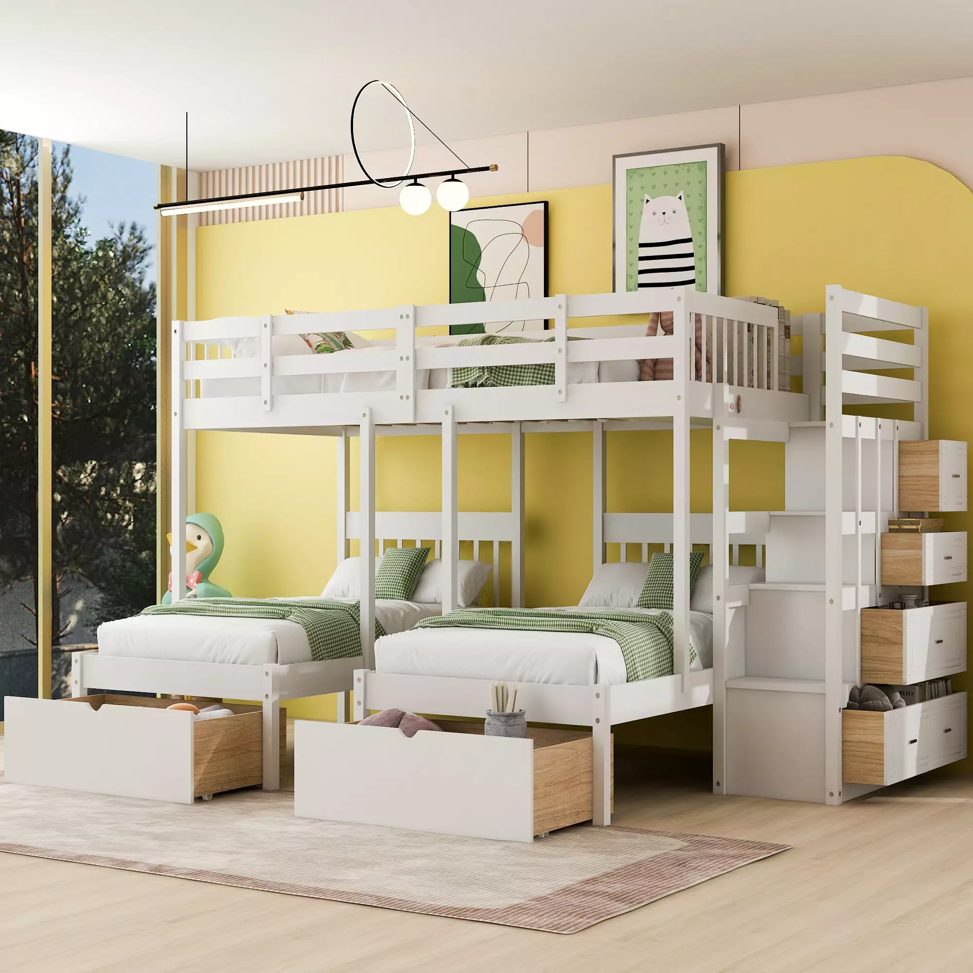 Bellemave Full over Twin Twin Bunk Bed Stairs and Storage Drawers Wood Triple Bunk Bed Kids Teens Adults White