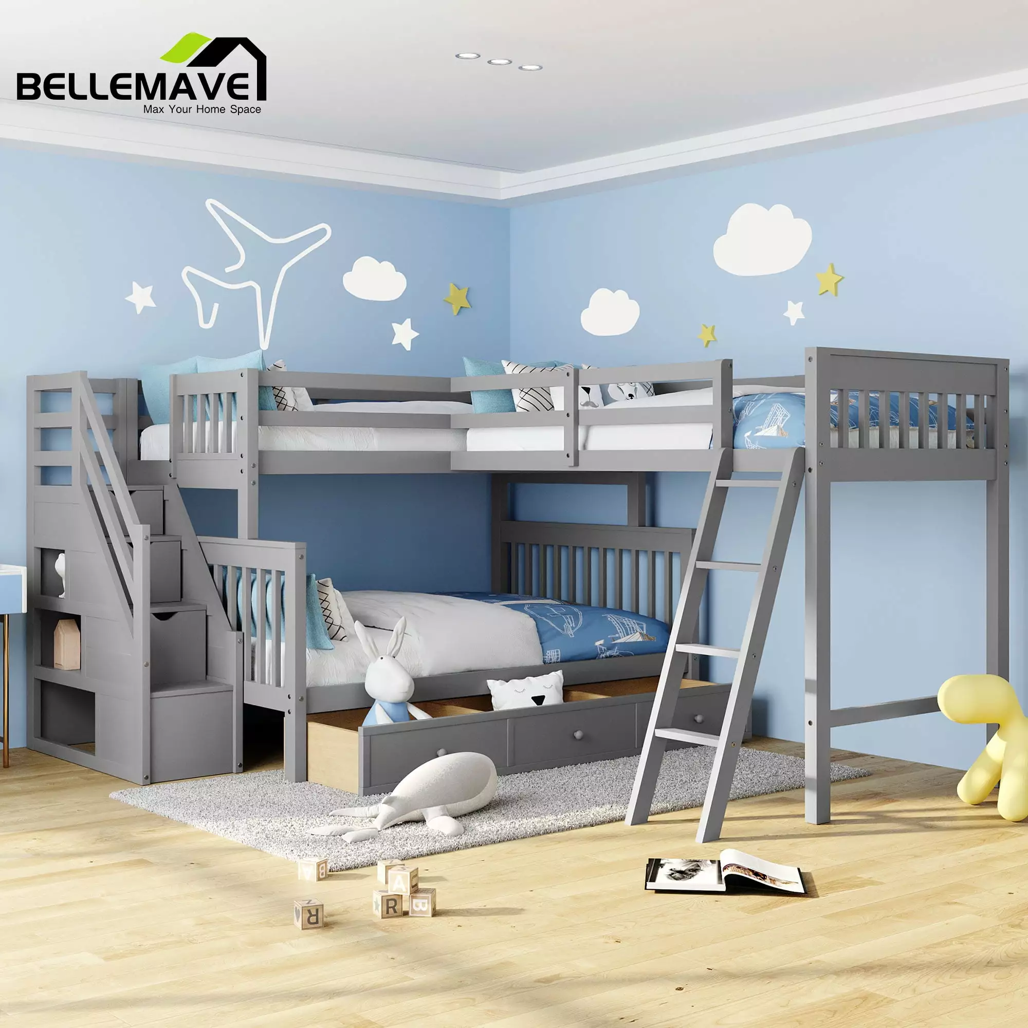 BELLEMAVE L-Shaped Bunk Beds Twin over Full Size Kids Triple Bunk Bed Storage Stairs Ladder Drawers