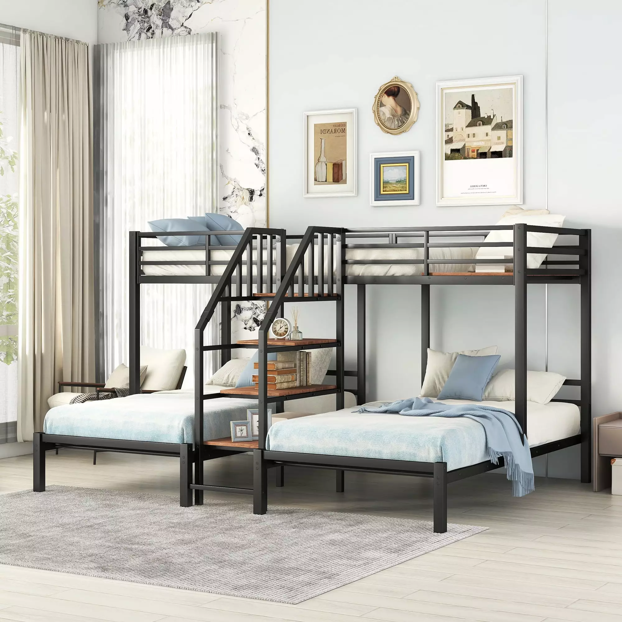 Bellemave Metal Triple Bunk Bed Frame Twin over Twin Stairs and Storage Kids Black