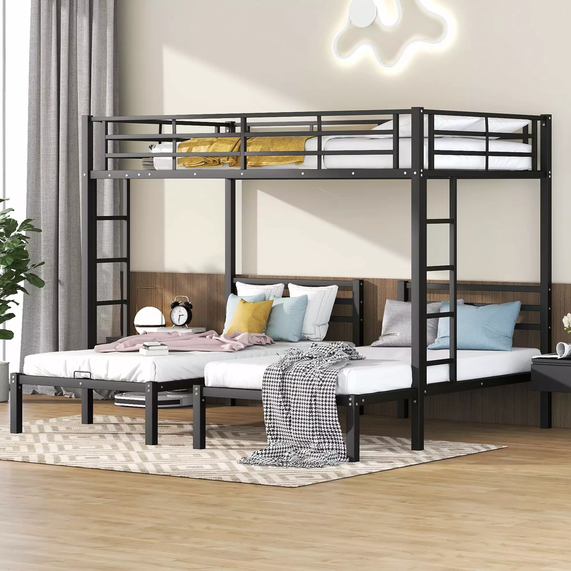 Bellemave Metal Triple Bunk Bed - Full over Twin & Twin Bunk Bed 3 Kids - Black