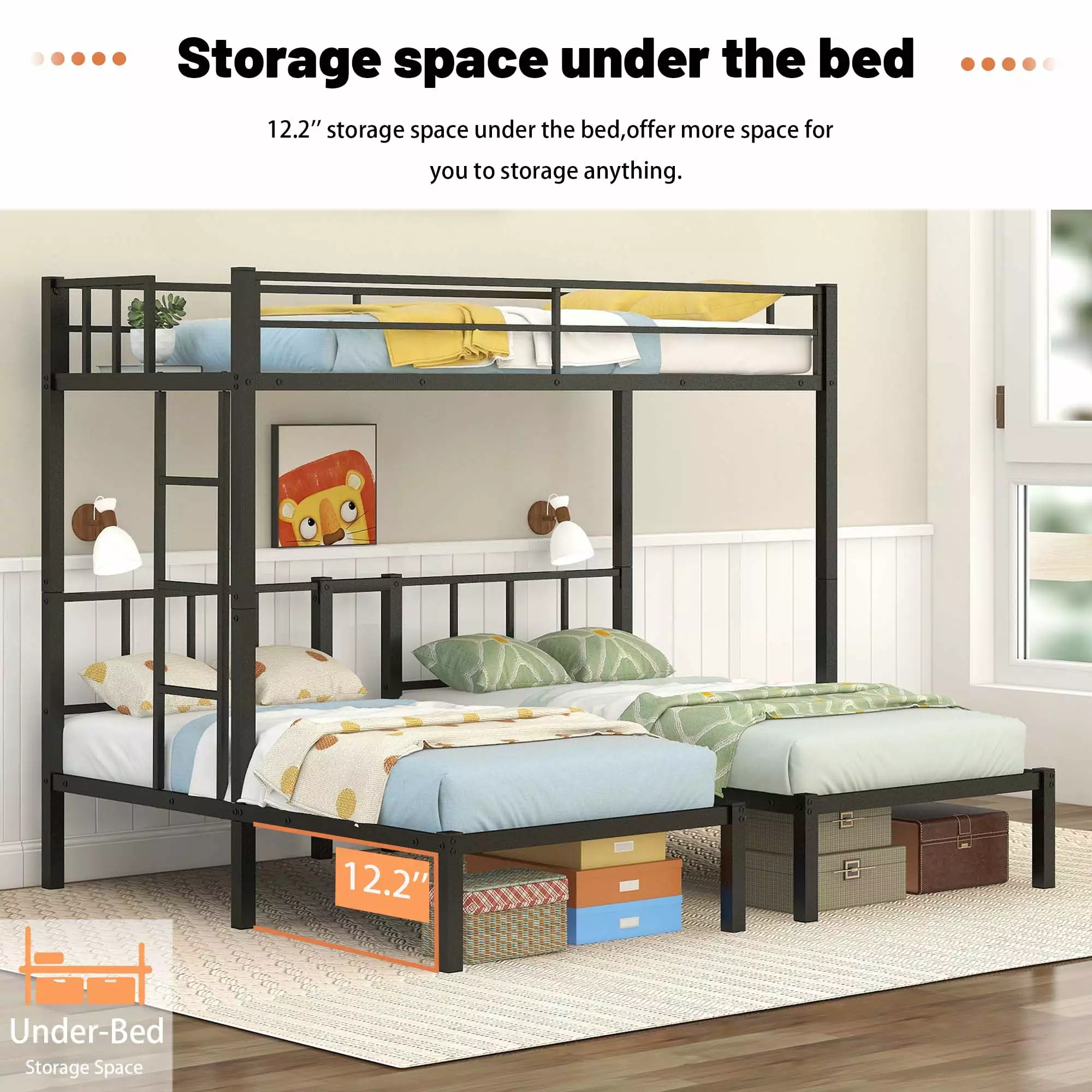 Bellemave Metal Twin over Twin Triple Bunk Bed Noise Reduced Structure Separates Into 3 Twin Beds