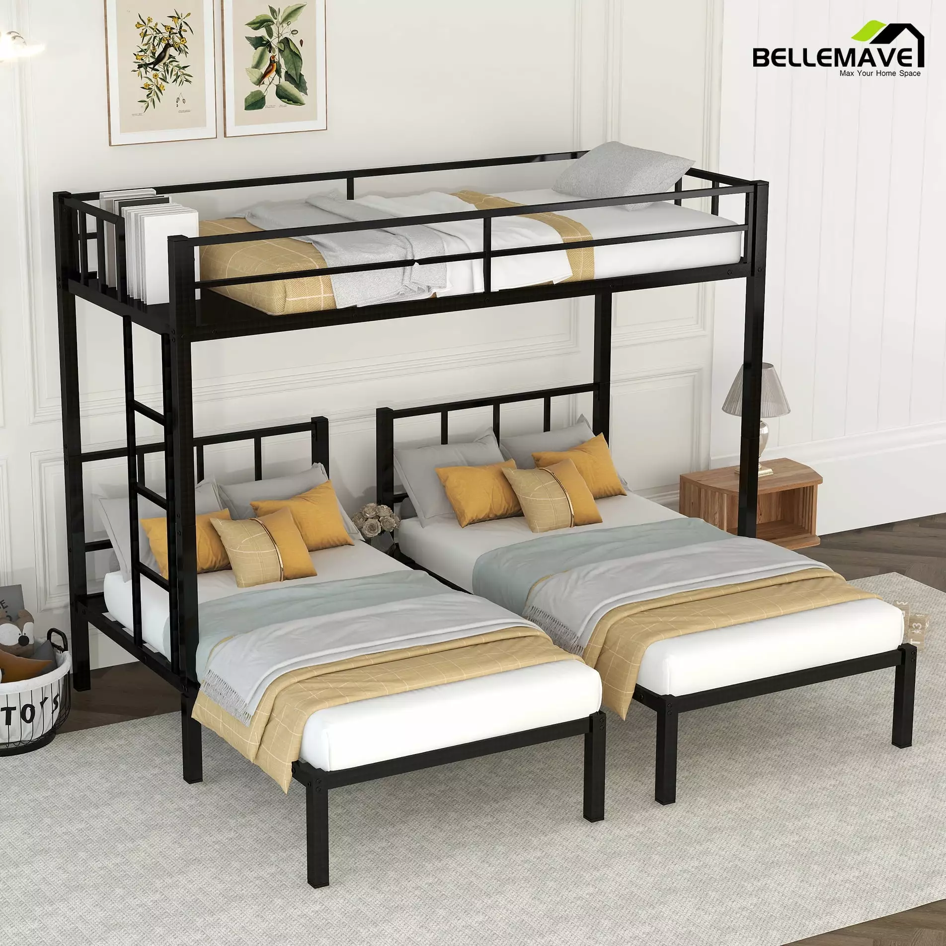 Bellemave Triple Bunk Bed Twin over Twin and Twin Metal Bunk Bed Frame Storage Shelf and Build- Table Space-saving 3 Beds ...