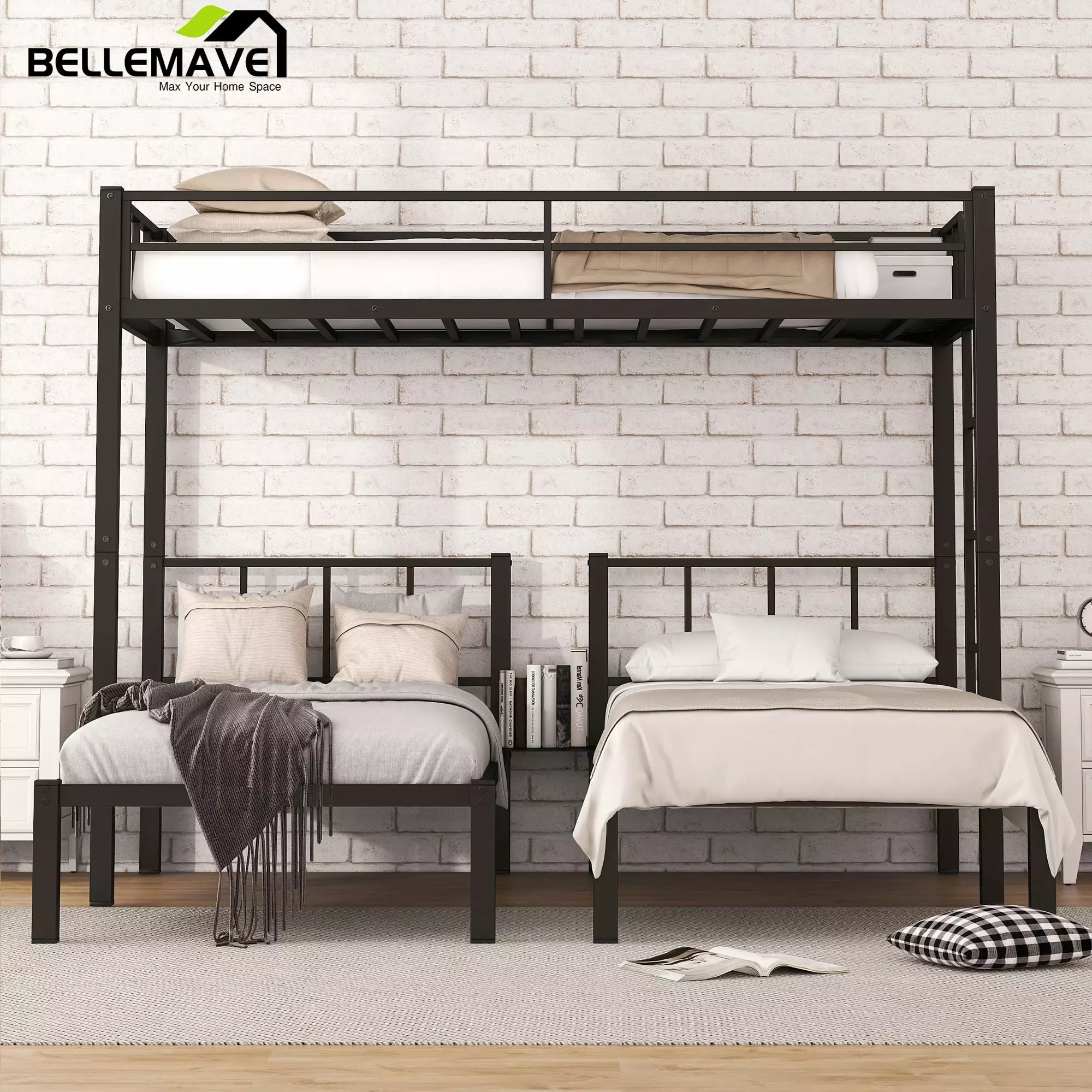 Bellemave Triple Bunk Bed Twin XL over Twin and Twin Metal Bunk Bed Frame Storage Shelf Black