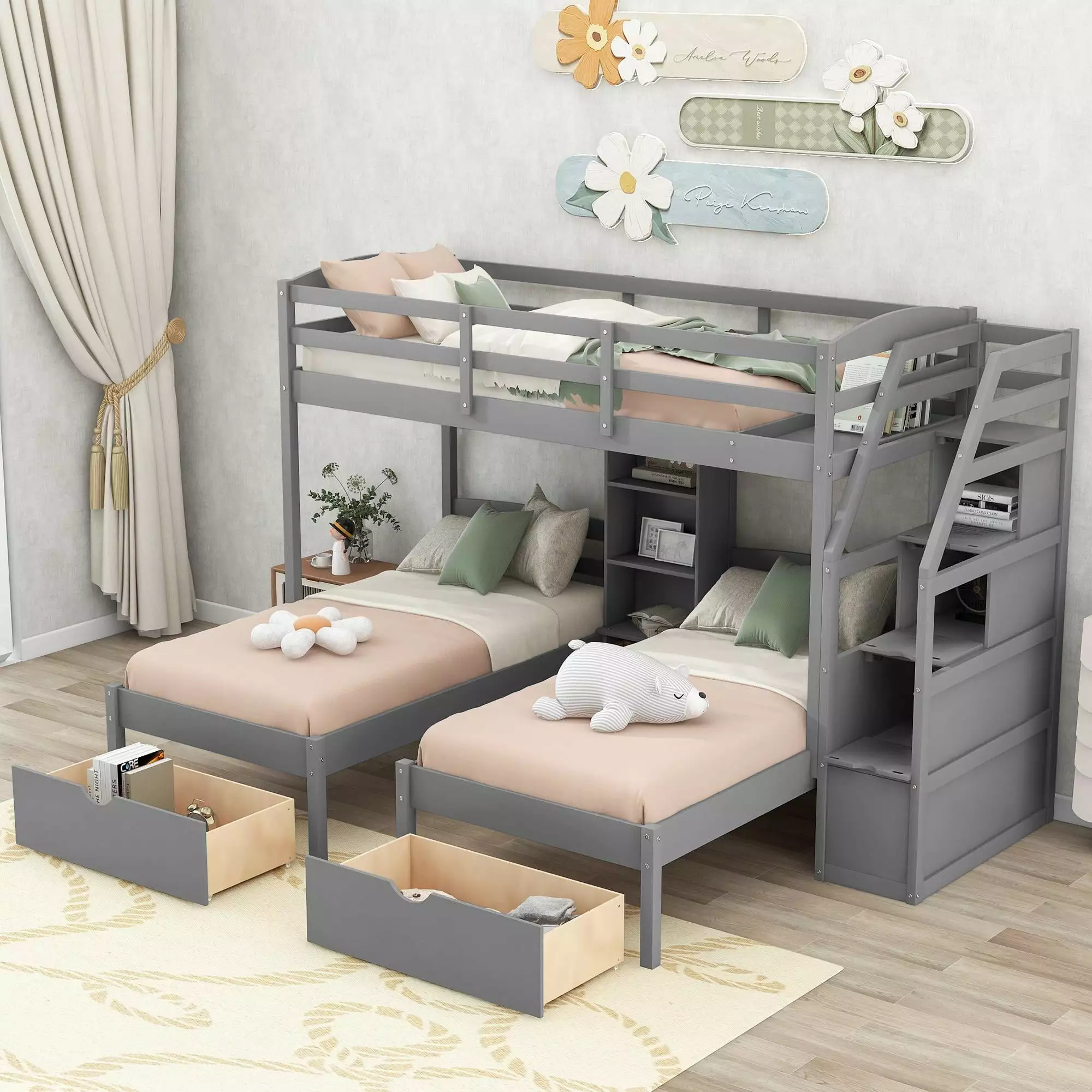 Bellemave Triple Bunk Beds Stairs Gray Wood Twin over Twin Twin Bunk Bed 2 Storage Drawers Kids Teens