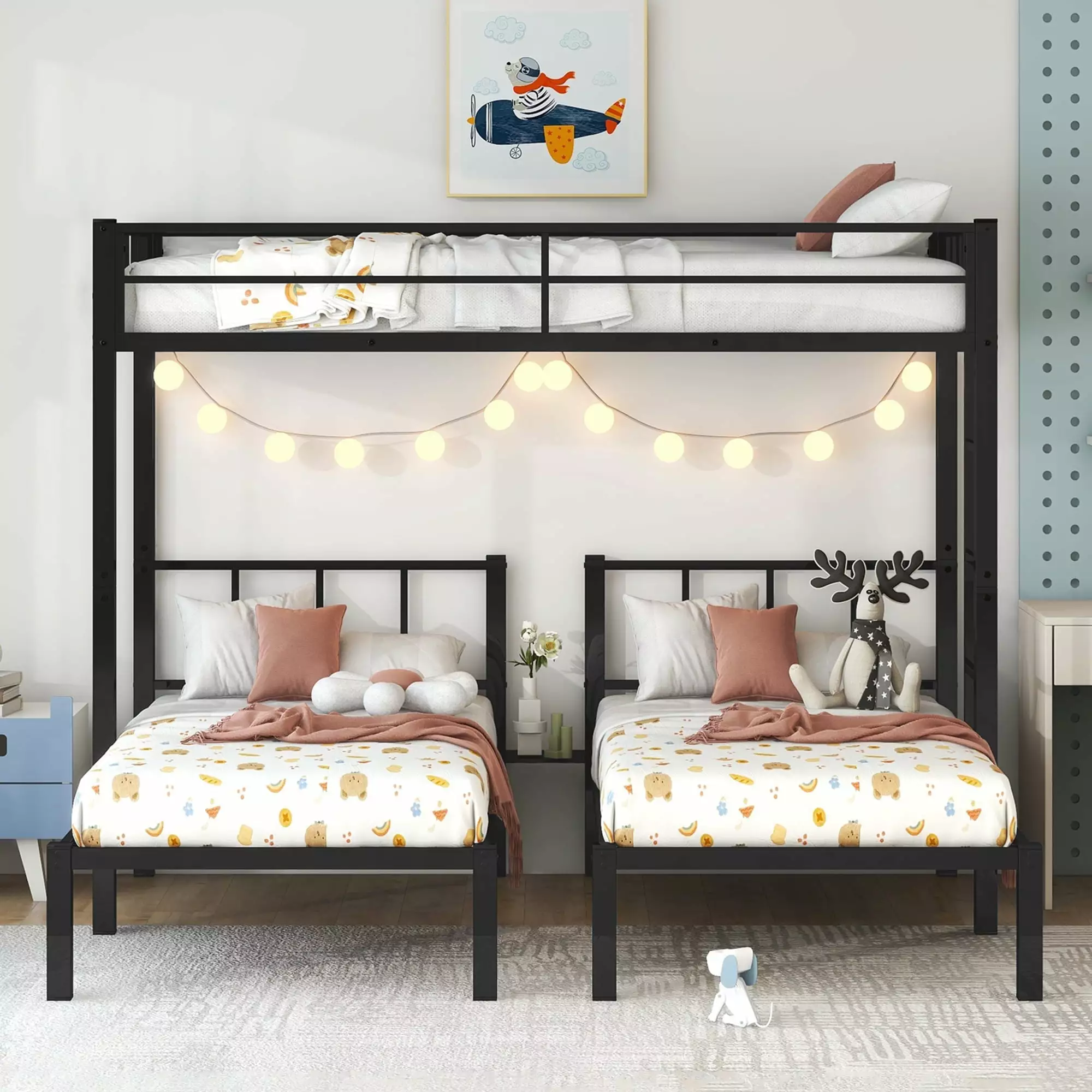 Metal Twin Triple Bunk Bed 3 Kids Separates into 3 Twin Beds Black Bellemave
