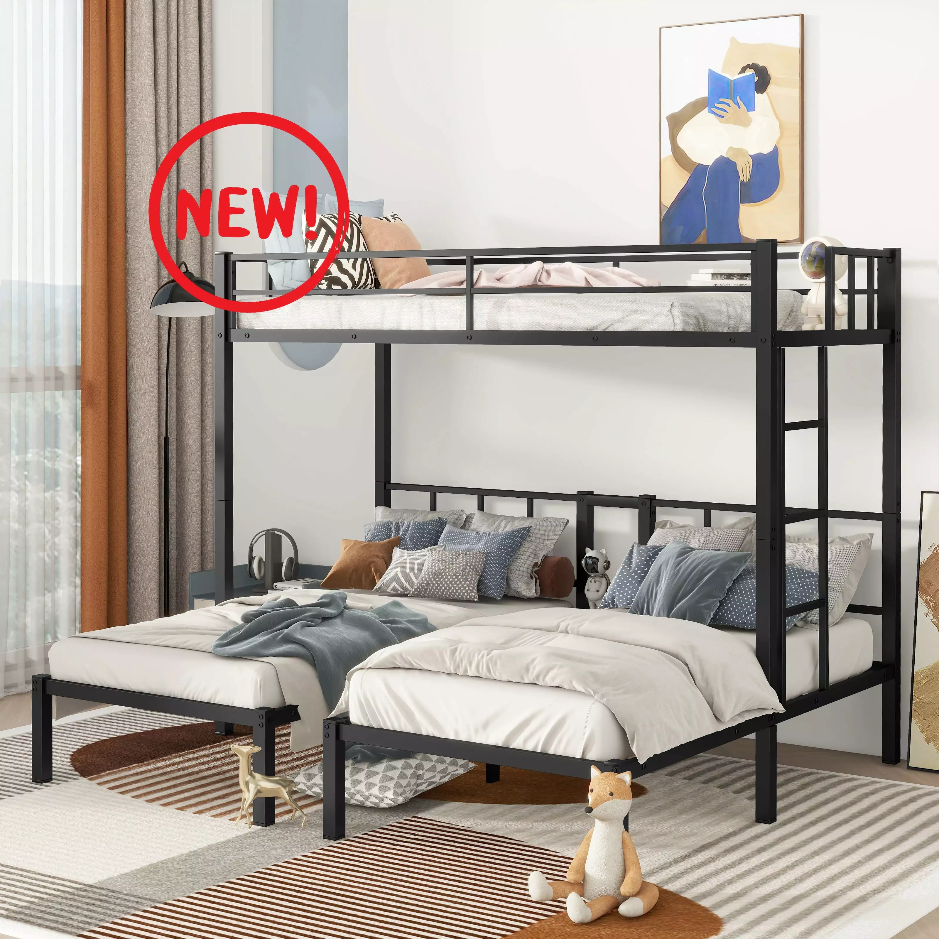 Triple Bunk Bed 3 Twin Over Twin&Twin Metal Bunk Bed Frame Built- Table 3 Bunk Beds Can be Divided into 3 Separate Beds Bl...