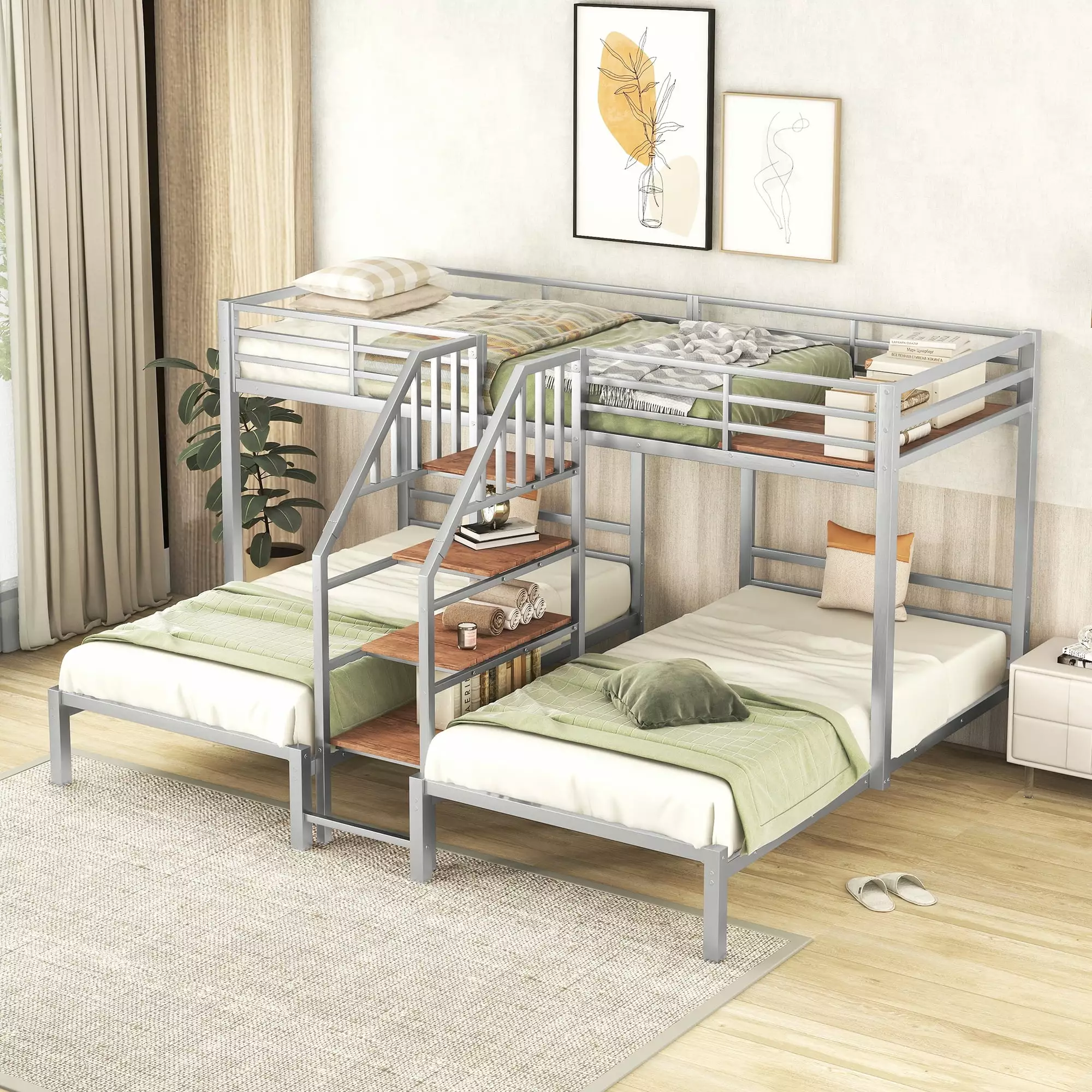 Churanty L-Shaped Triple Bunk Beds 3 Kids - Twin Over Twin and Twin Metal Bunk Bed Frame Storage Shelves Staircase Silver