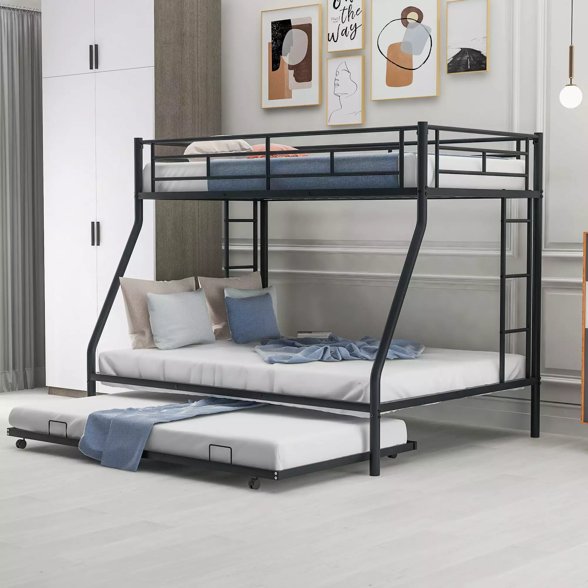 Twin Over Full Bunk Beds Trundle Bed Heavy Duty Metal Bed Frame Guard Rails and Two-Side Ladders Black Clipeyh