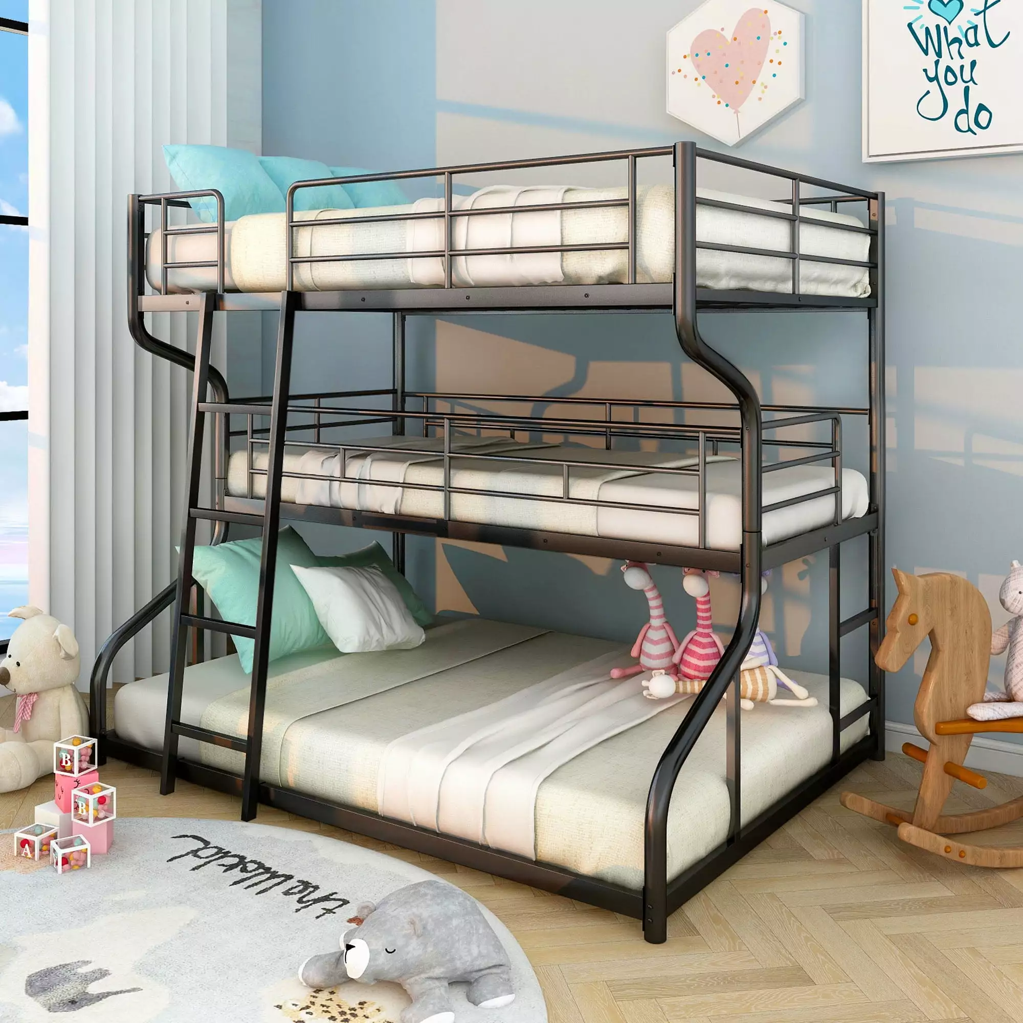 Euroco Metal Triple Bunk Bed Full XL over Twin XL over Queen Floor Bed Kids Room Black