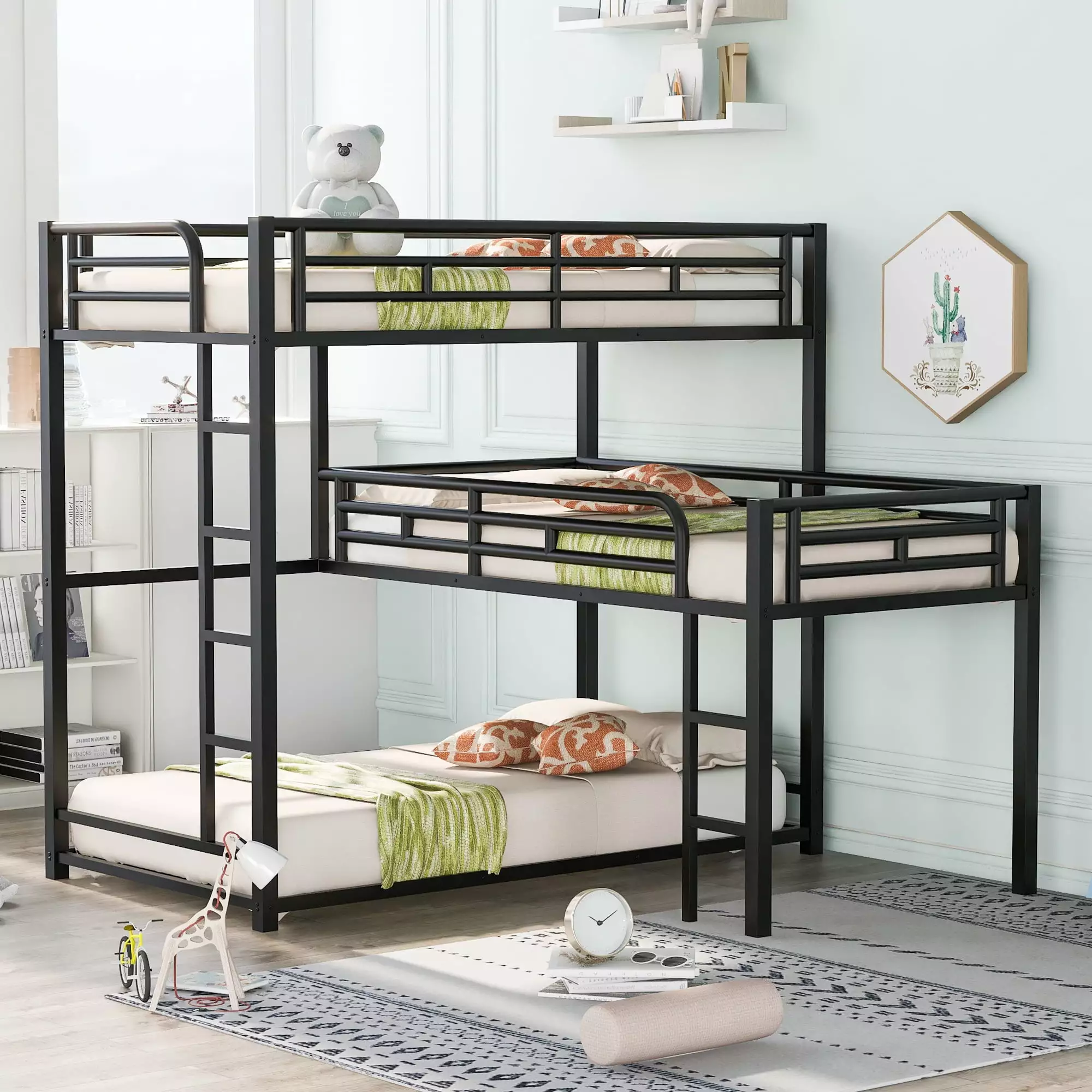 Euroco Metal Twin Size 3--1 Triple Bunk Bed Twin over Twin over Twin Bed Kids Room L-Shaped Three Beds Ladders and Guardra...