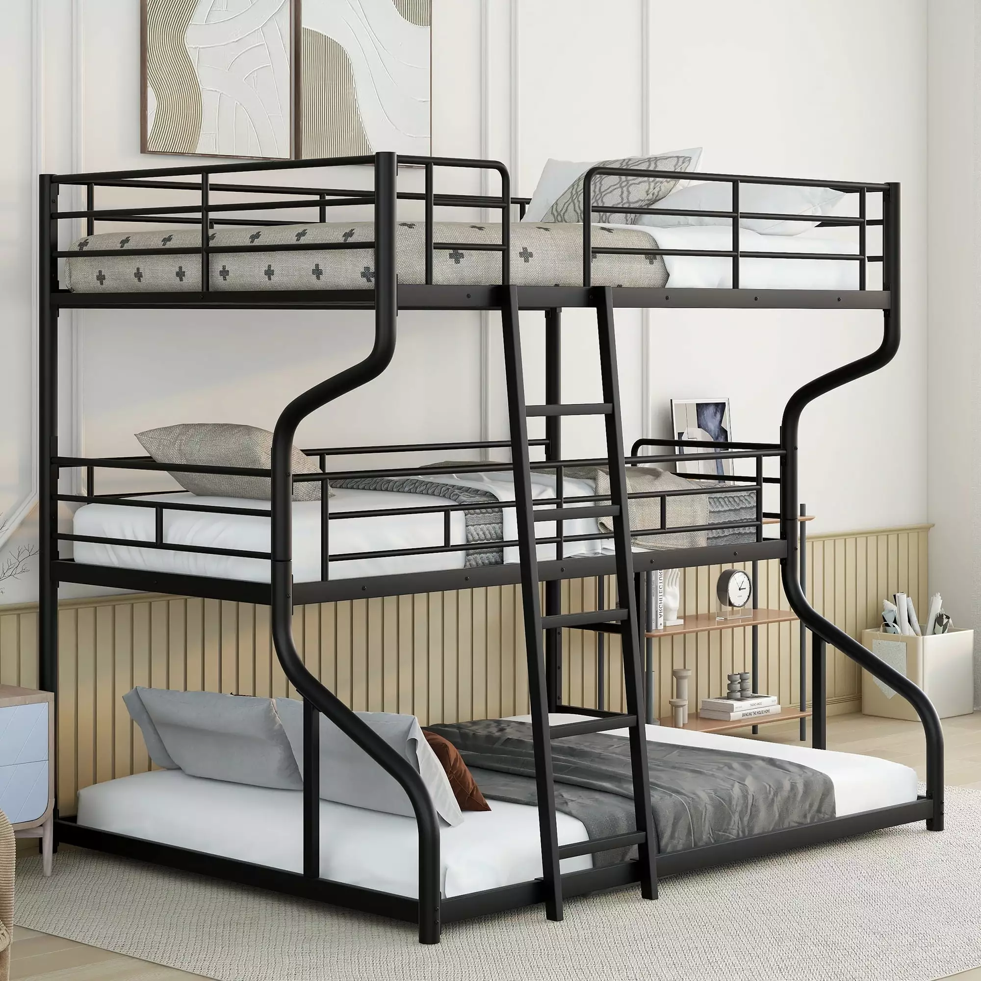 Euroco Solid Metal Full XL over Twin XL over Queen Size Triple Bunk Bed Kids and Adults Black