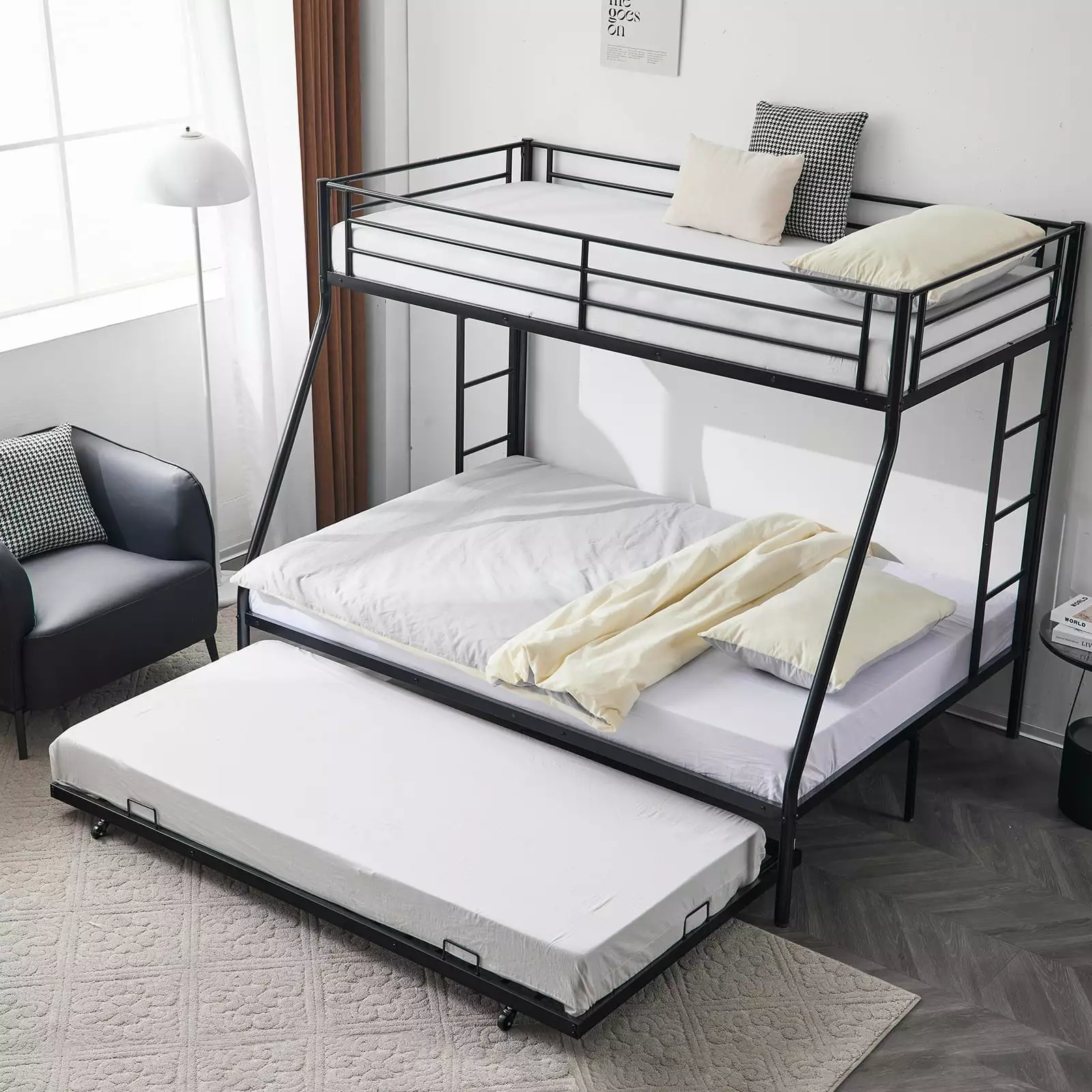 GoDecor Metal Twin & Full Bunk Bed Daybed - 3 Twin Size Beds Solid Ladder and Guardrails - Black