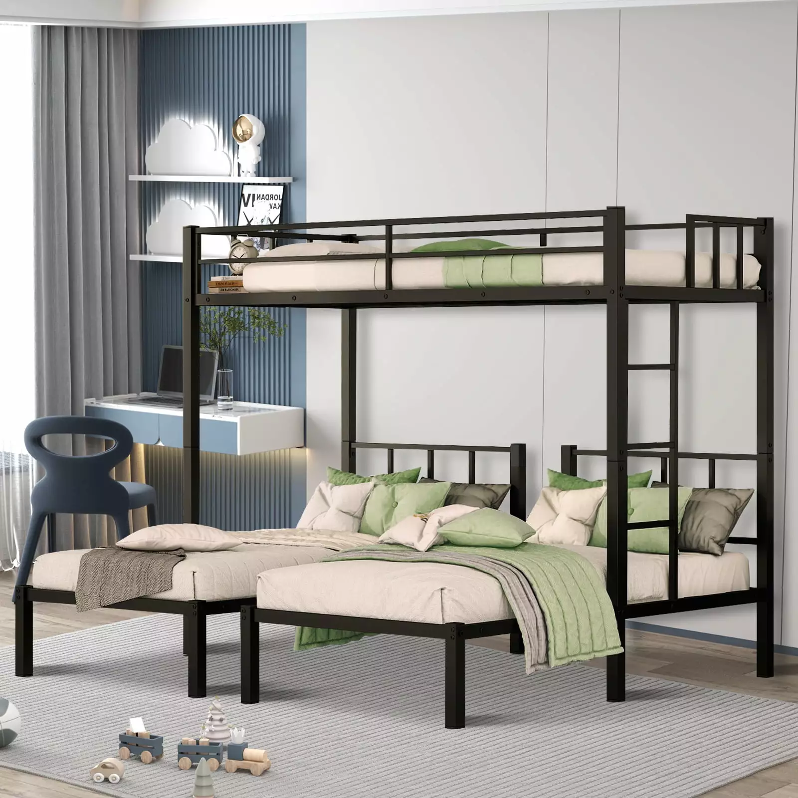 Twin Over Twin Over Twin Bunk Bed Metal Triple Bunk Beds Kids Teens Adults Convertible to 3 Twin Beds Black iRerts