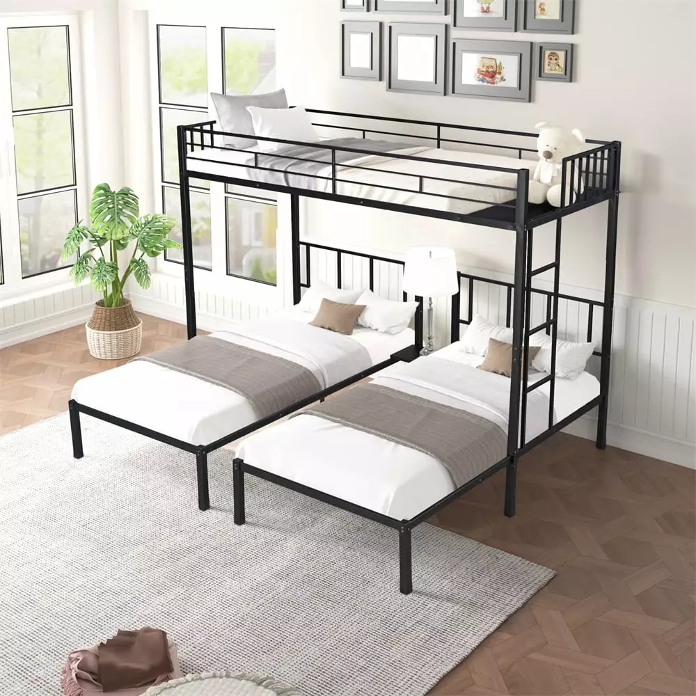 Triple Bunk Bed Twin over Twin Twins Guardrails Stairs and Shelf Detachable into 3 Twin Beds L Shape Metal Frame JINS & VICO