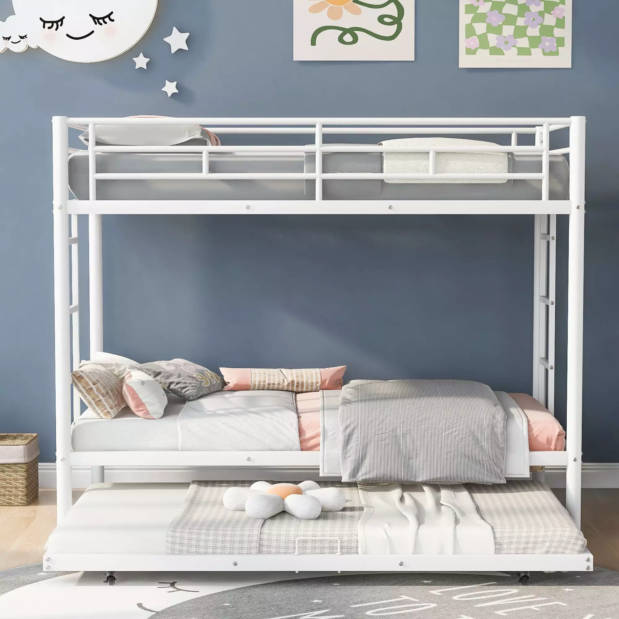 KOFUN Metal Bunk Beds 3 Twin over Twin Trundle Heavy Duty Bunk Bed 2 Ladders Guard Rails No Box Spring Needed White