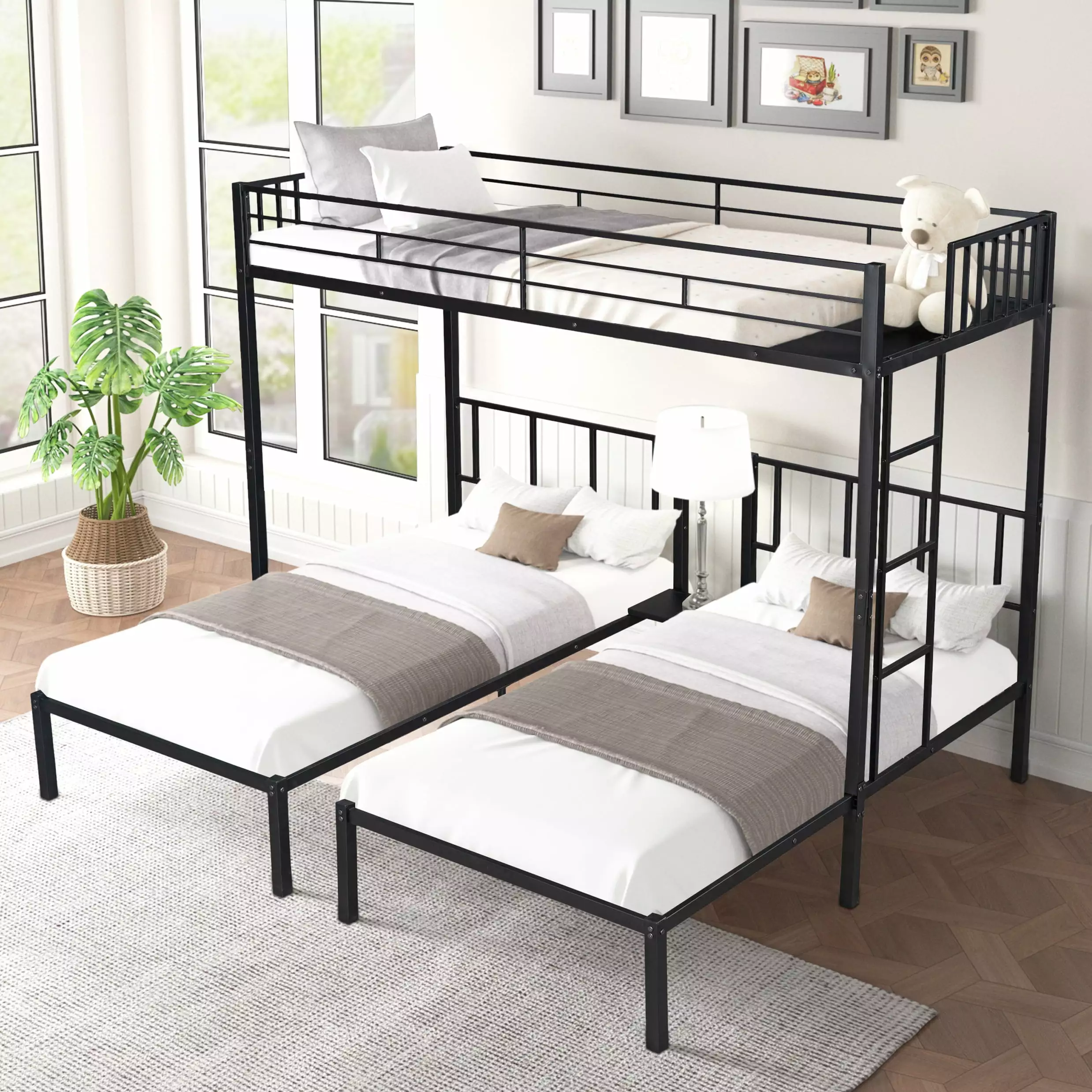 SYNGAR Black Metal Triple Bunk Bed Frame Kids Adjustable Detachable Design