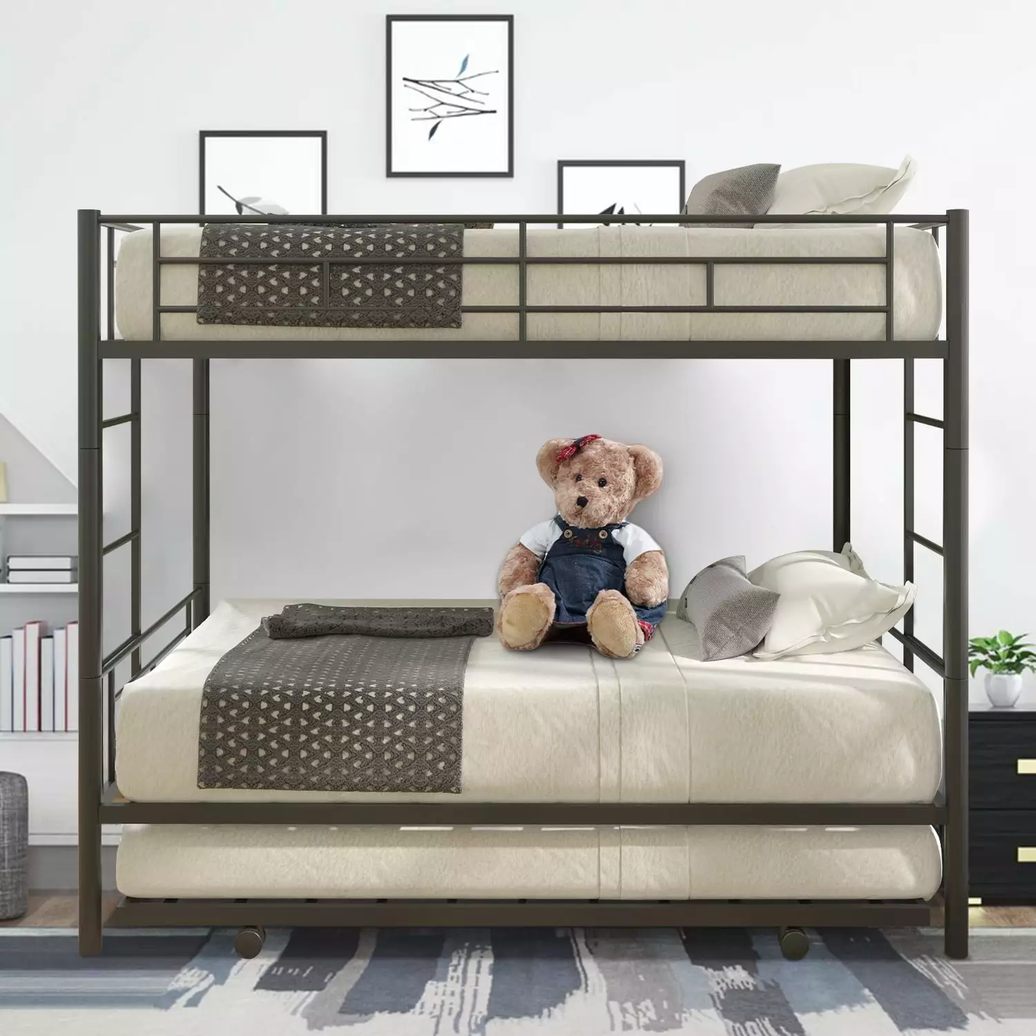SYNGAR Twin over Twin Bunk Bed Trundle Loft Bunk Bed Pull-out Trundle and Protect Full-length Guardrail Metal Triple Bunk ...
