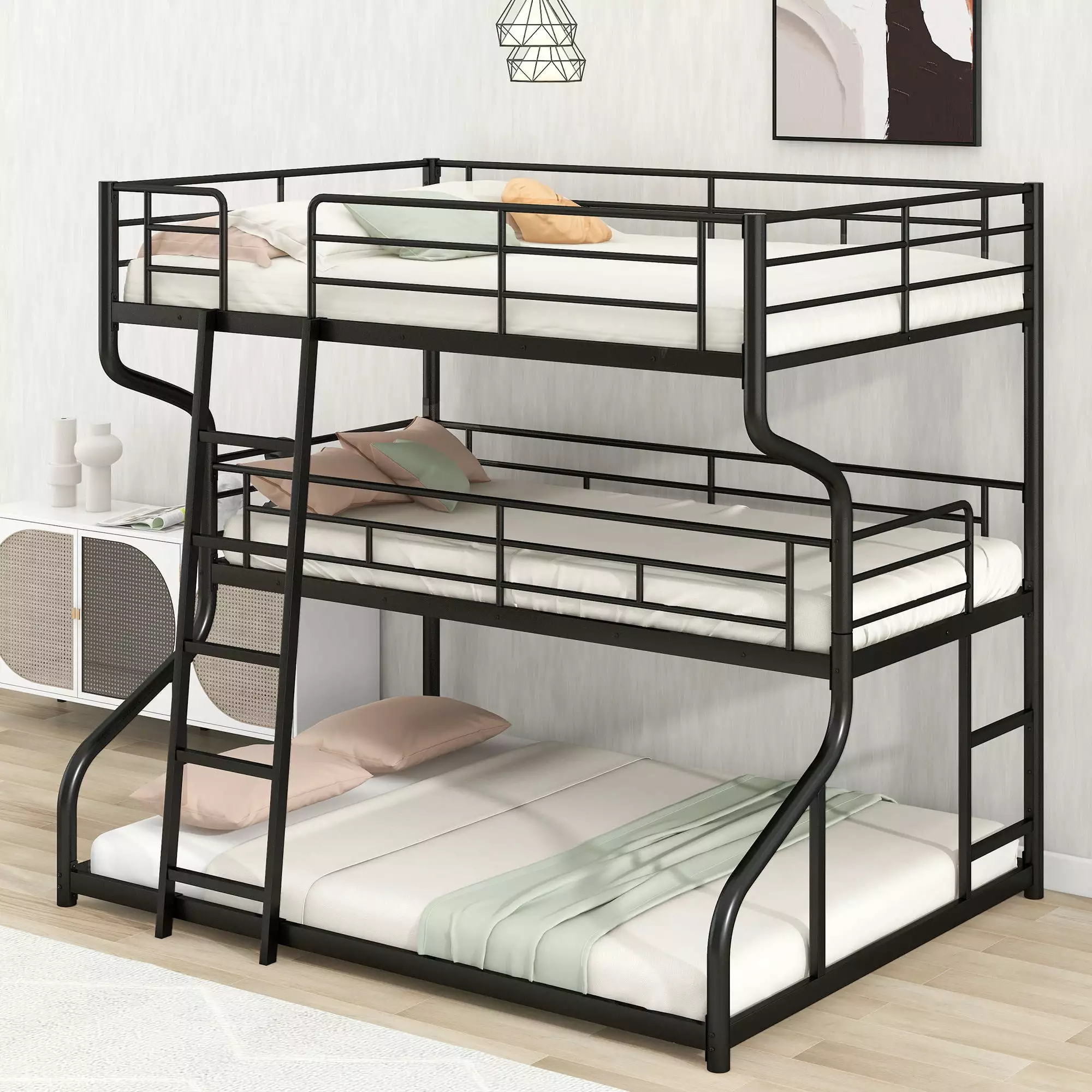 Full XL Over Twin XL Over Queen Triple Bunk Bed Metal Frame Ladders Black Triple Tree