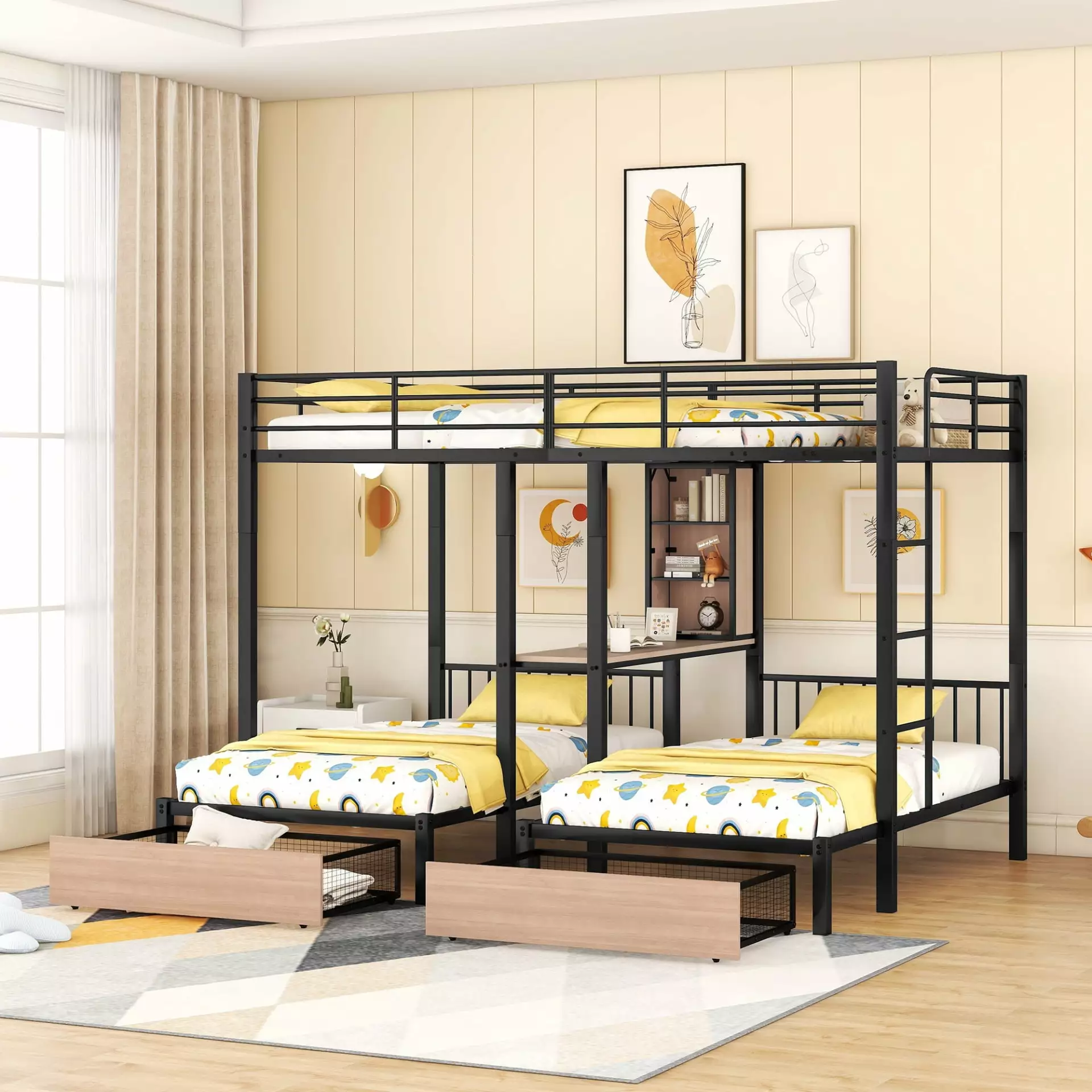 Full Over Twin Triple Bunk Bed Storage 3 1 Wood Bed Frame Drawers Guardrails Ladder Black Triple Tree