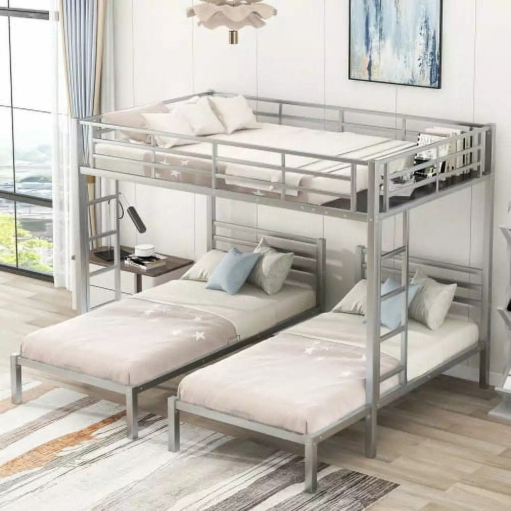 Heavy Duty Metal Triple Bunk Bed 3 - Full Over Twin Built- Shelf Triple Tree
