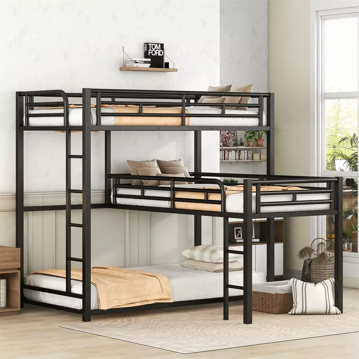 L-Shaped Triple Twin Size Metal Bunk Bed Built- Ladder 3 Kids Triple Tree