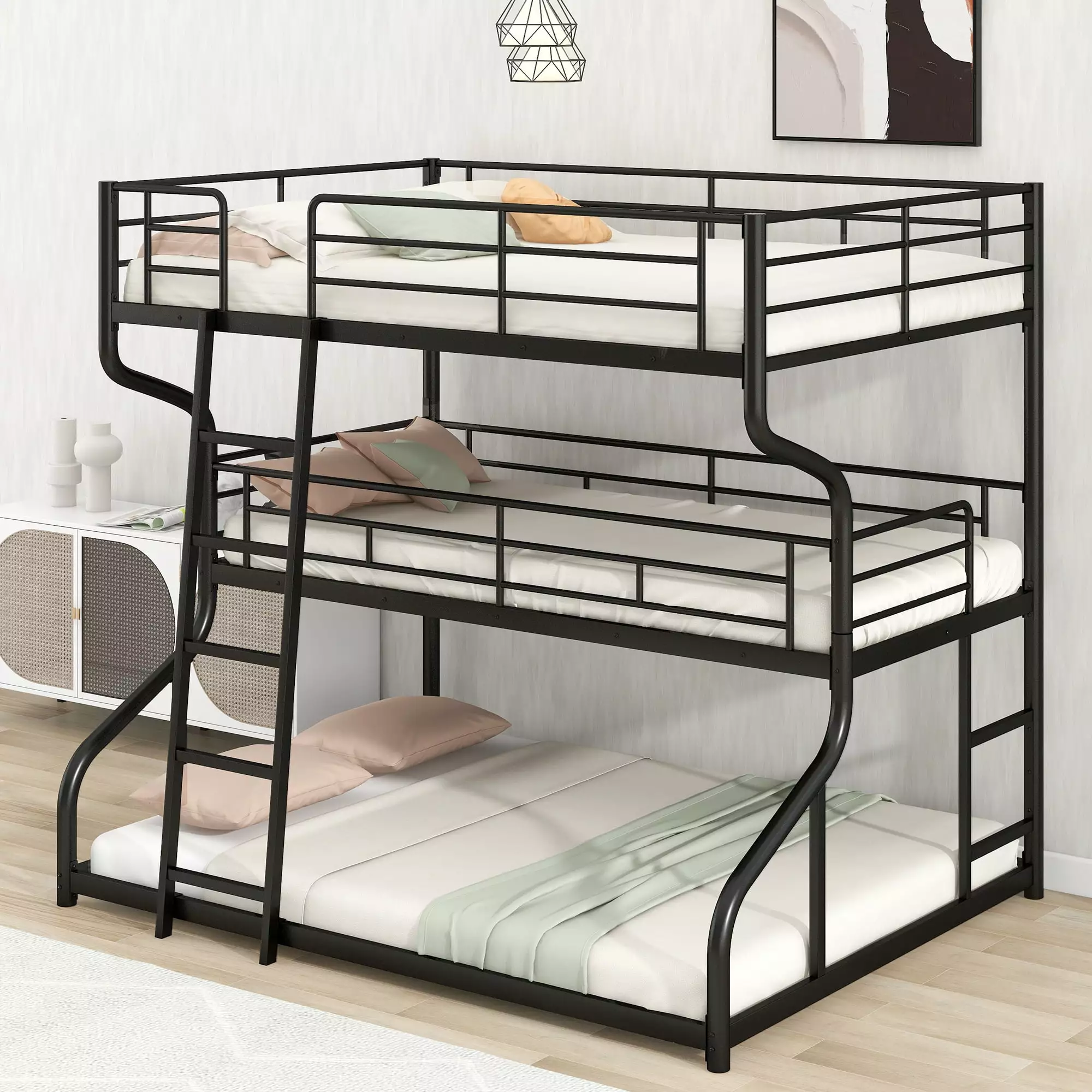Metal Triple Bunk Bed Full XL Over Twin XL Over Queen 2 Ladders and Guard Rails Black Triple Tree