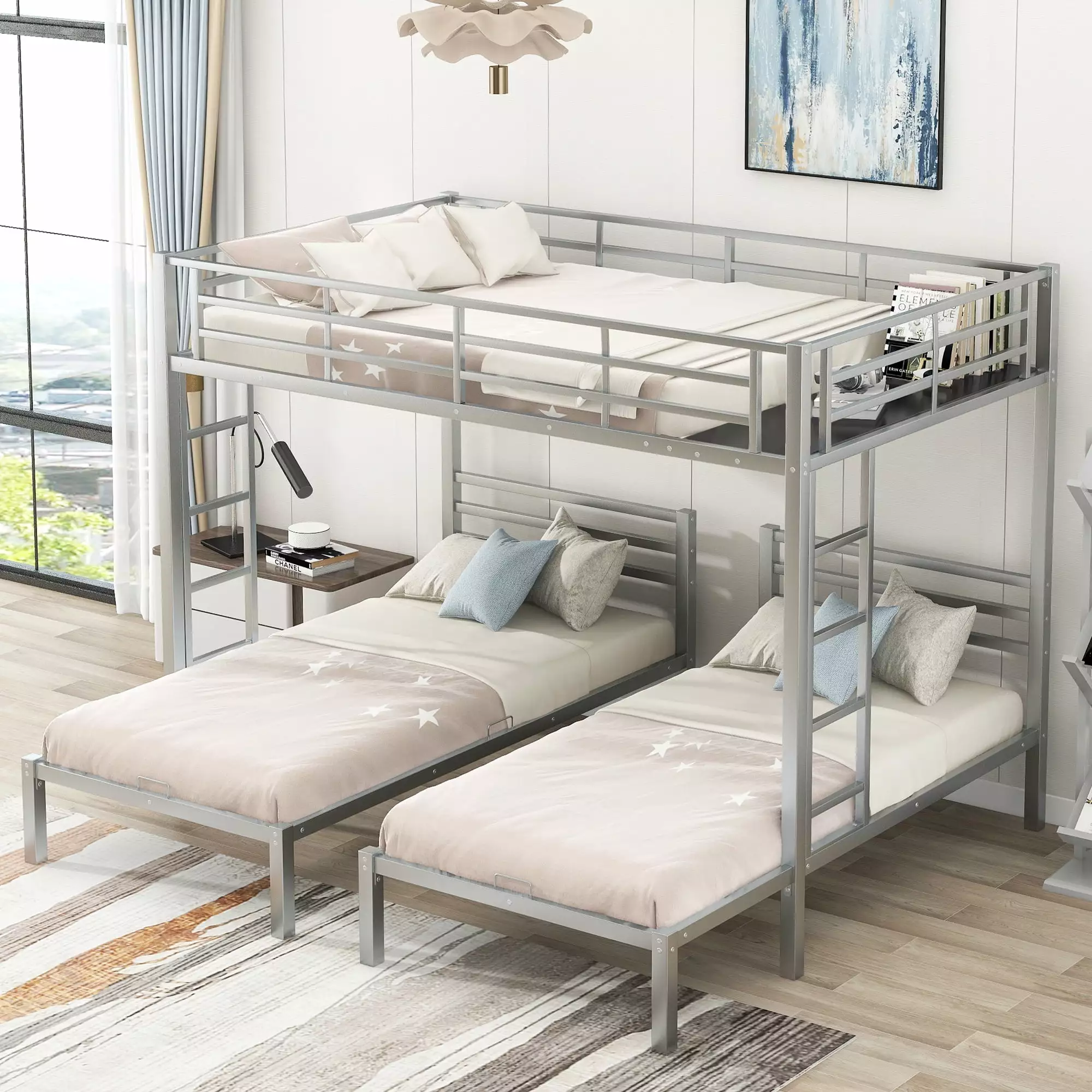 Metal Triple Bunk Bed - Full Over Two Twin Bunk Bed Shelf & 2 Ladders - 3 Beds 1 Frame Protective Rails Silver Triple Tree