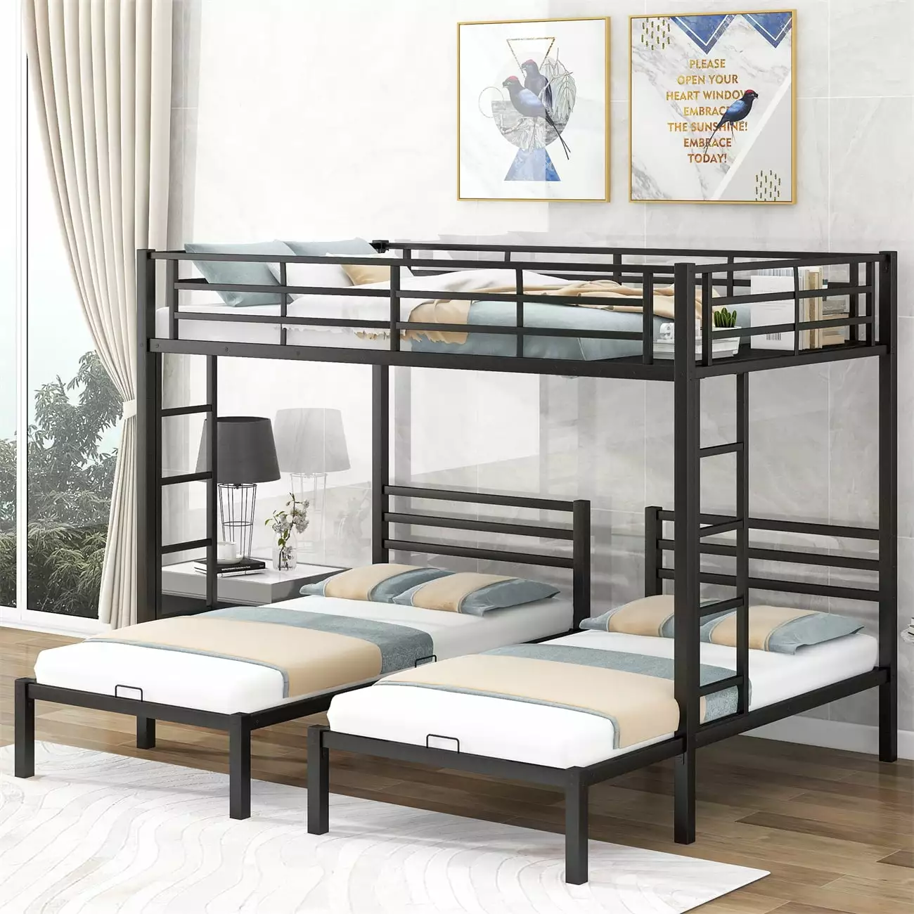 Metal Triple Bunk Bed 3 - Full Over Twin and Twin Size Built- Shelf - Heavy-Duty Metal Bed Frame 2 Ladders - Black Triple ...
